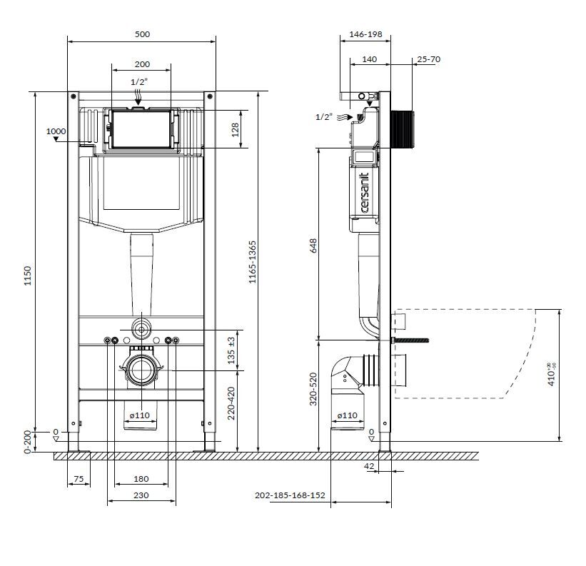 Vorwandelement für Wand-WC mit 2-Mengen-Spülkasten 50 cm