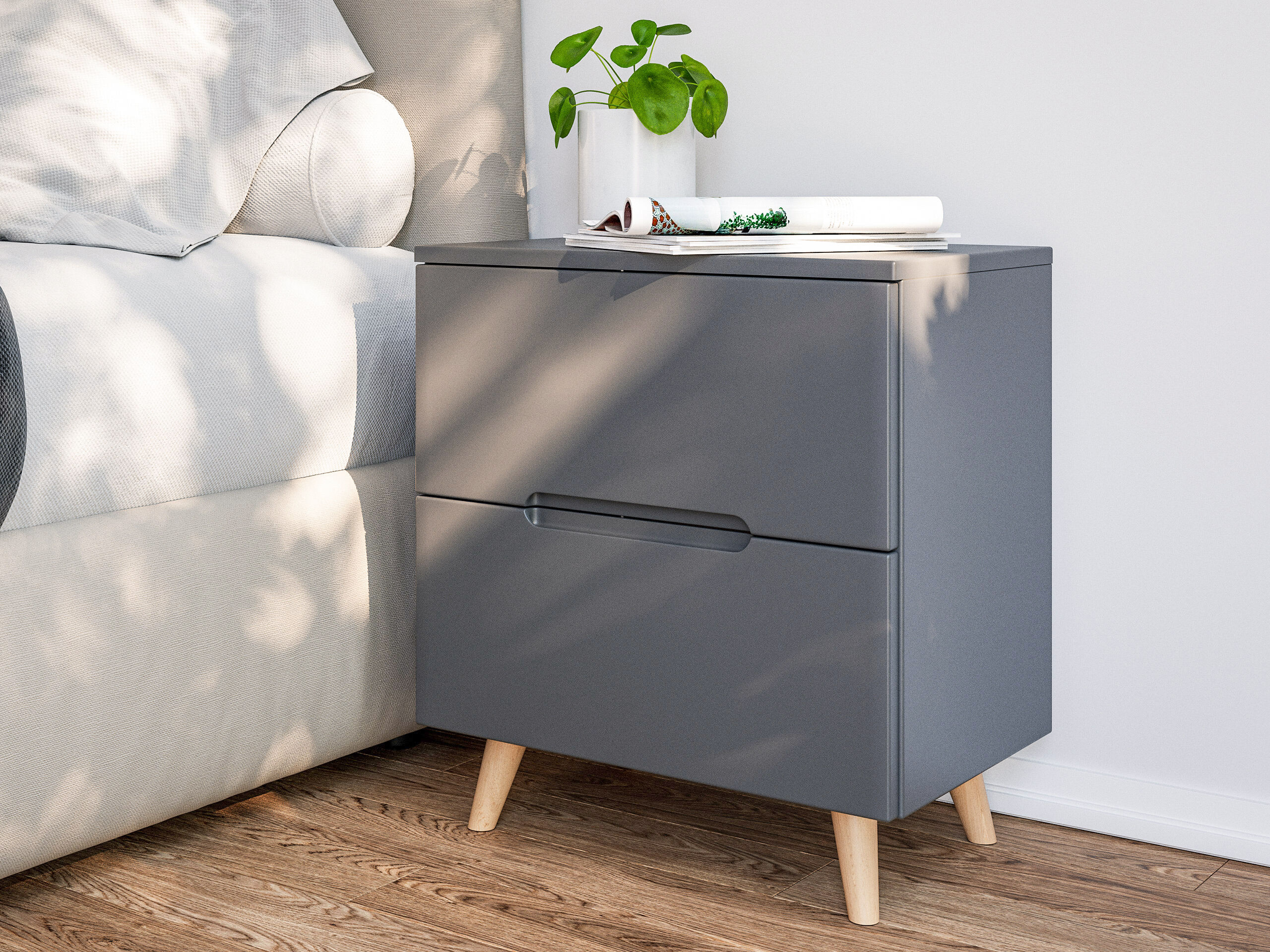 Stand Nachttisch Talo 50cm 2 Softclose-Einzüge mit Greifraum grau matt