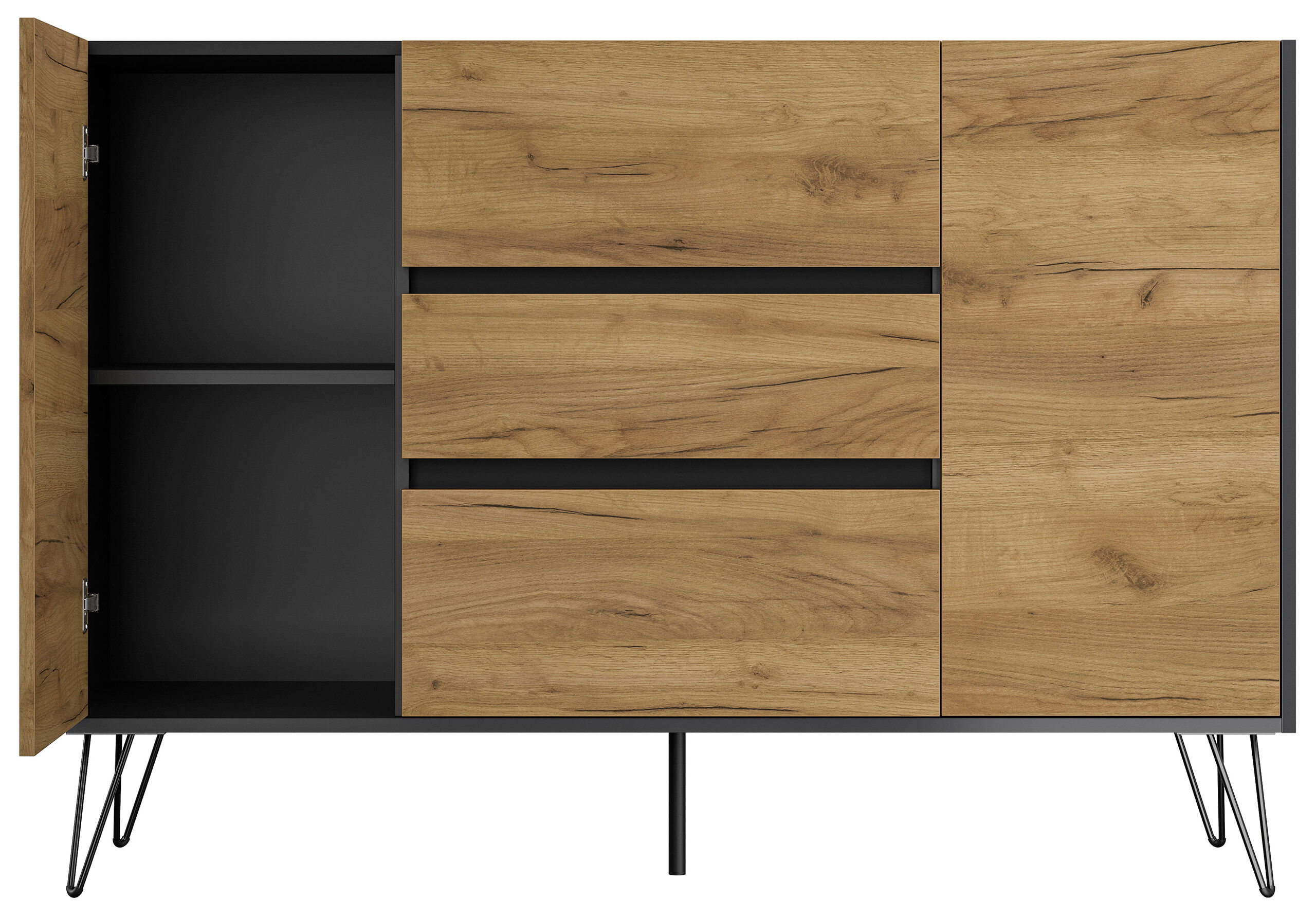 Sideboard Yako XL 140cm 3 SoftClose 2 Türen Grafit/Eiche Front