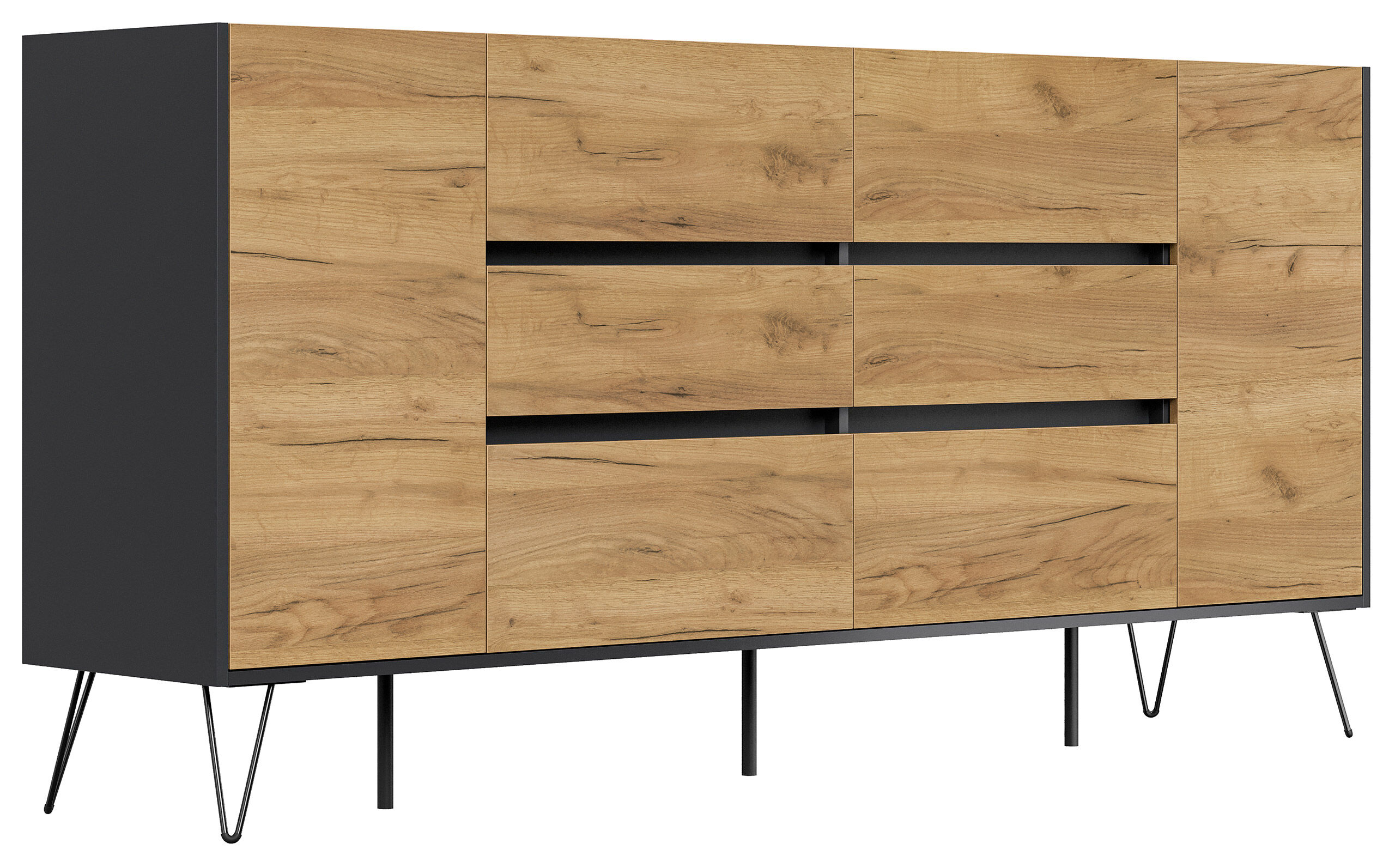 Sideboard Kommode Yako 200cm Greifraum 6 SoftClose 2 Türen Grafit/Eiche Front