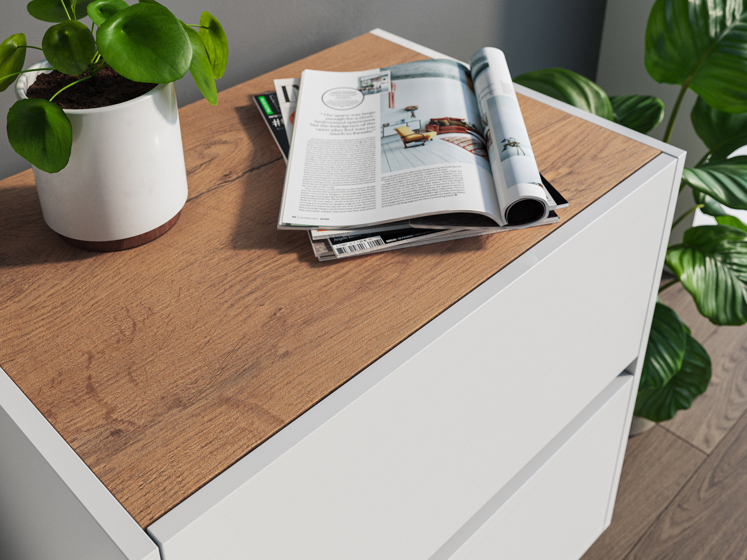 Nachttisch Yako 60cm 2 SoftClose stehend Weiß & Eiche Top