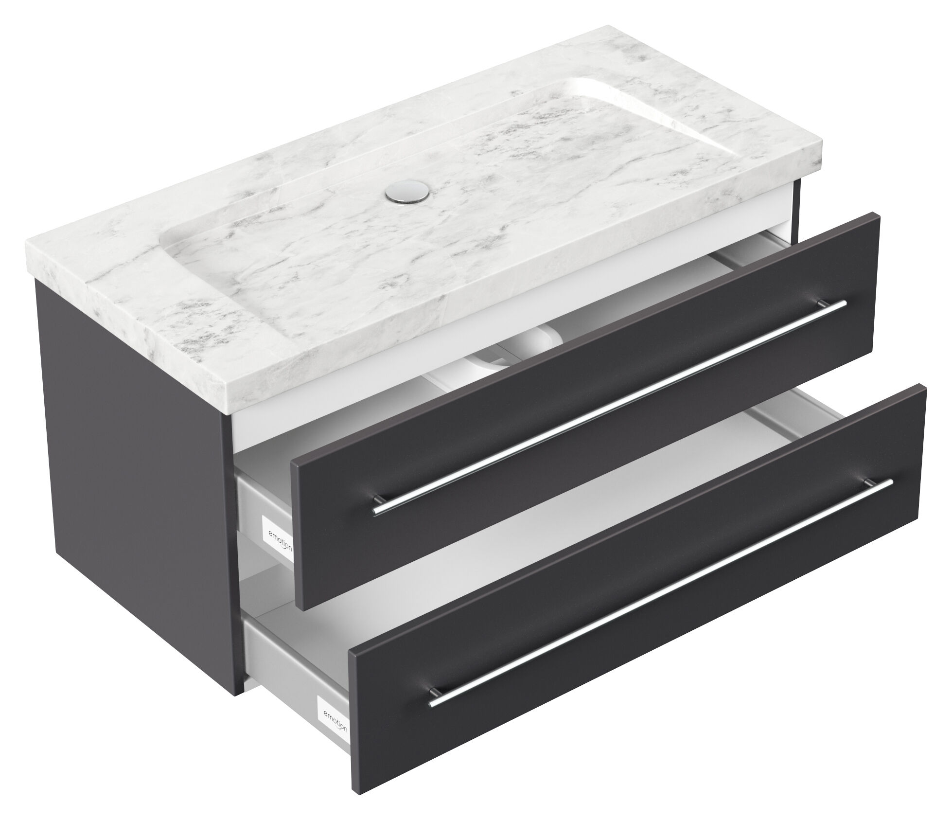 Badmöbel Marmor Carrara White Damo 100cm ohne Hahnloch anthrazit & Spiegel