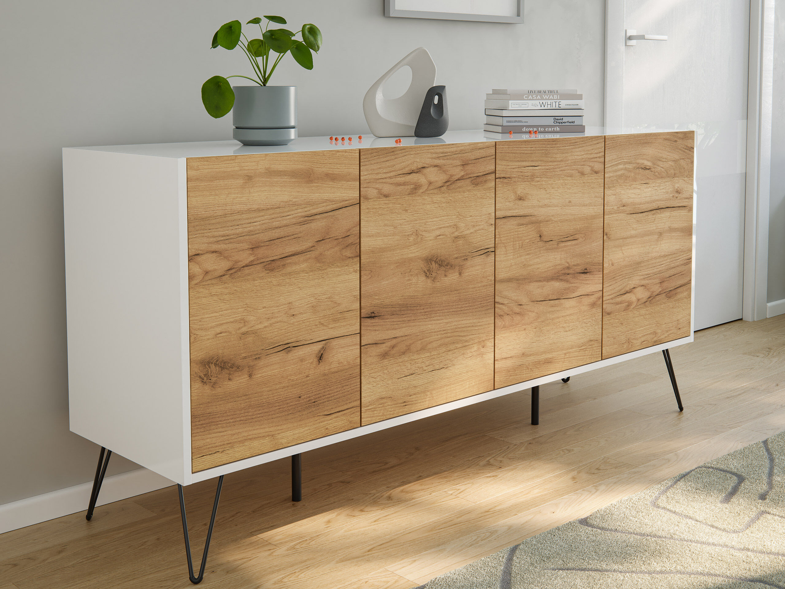 Raumwunder XL Sideboard Kommode Maxim 155cm stehend 4 Türen Weiß/Eiche Front