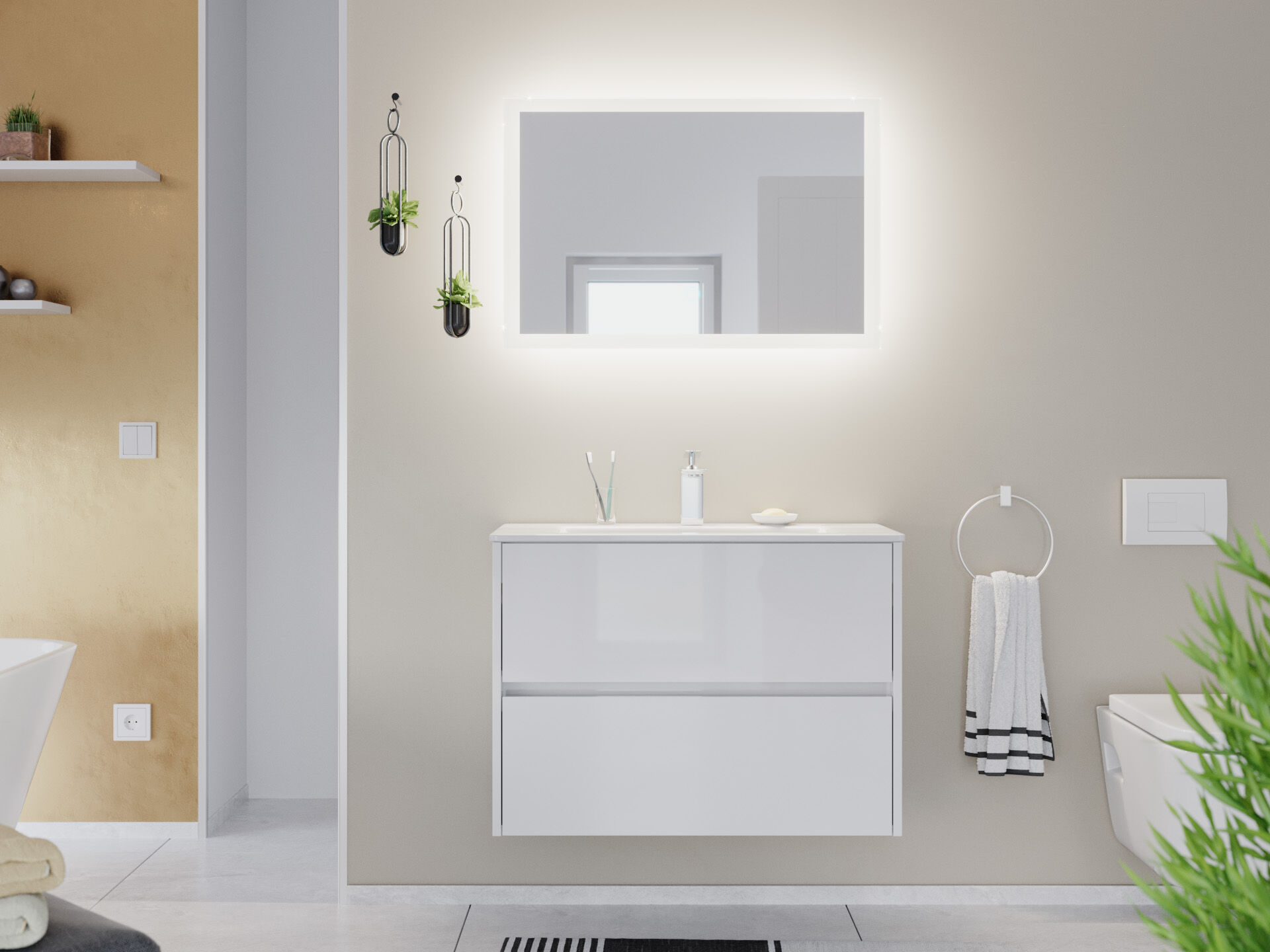 Badmöbel Set Taifun Slimline 80cm & LED Spiegel weiß Hgl