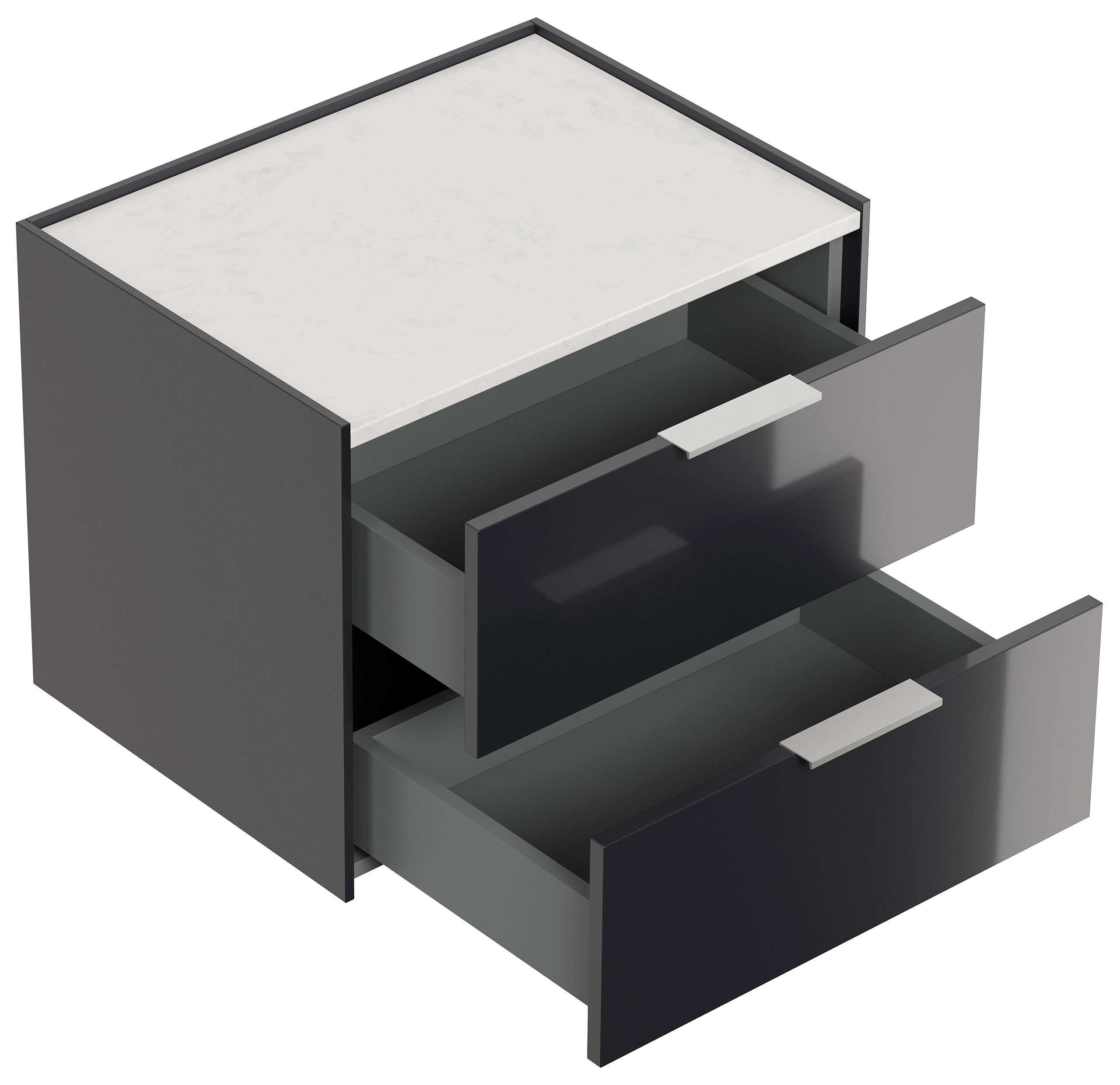 Design Nachttisch Kommode Artem 60cm, Quarztop, 2 Softeinzüge lackiert Weiß Hgl