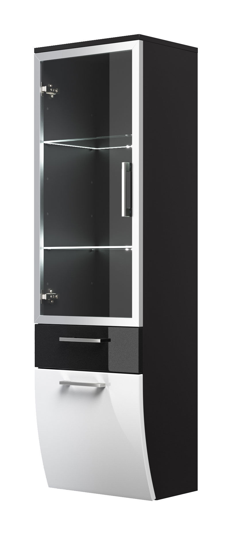 Hochschrank Rima 135 cm mit Glastür rund Weiss hochglanz/Grafit hochglanz
