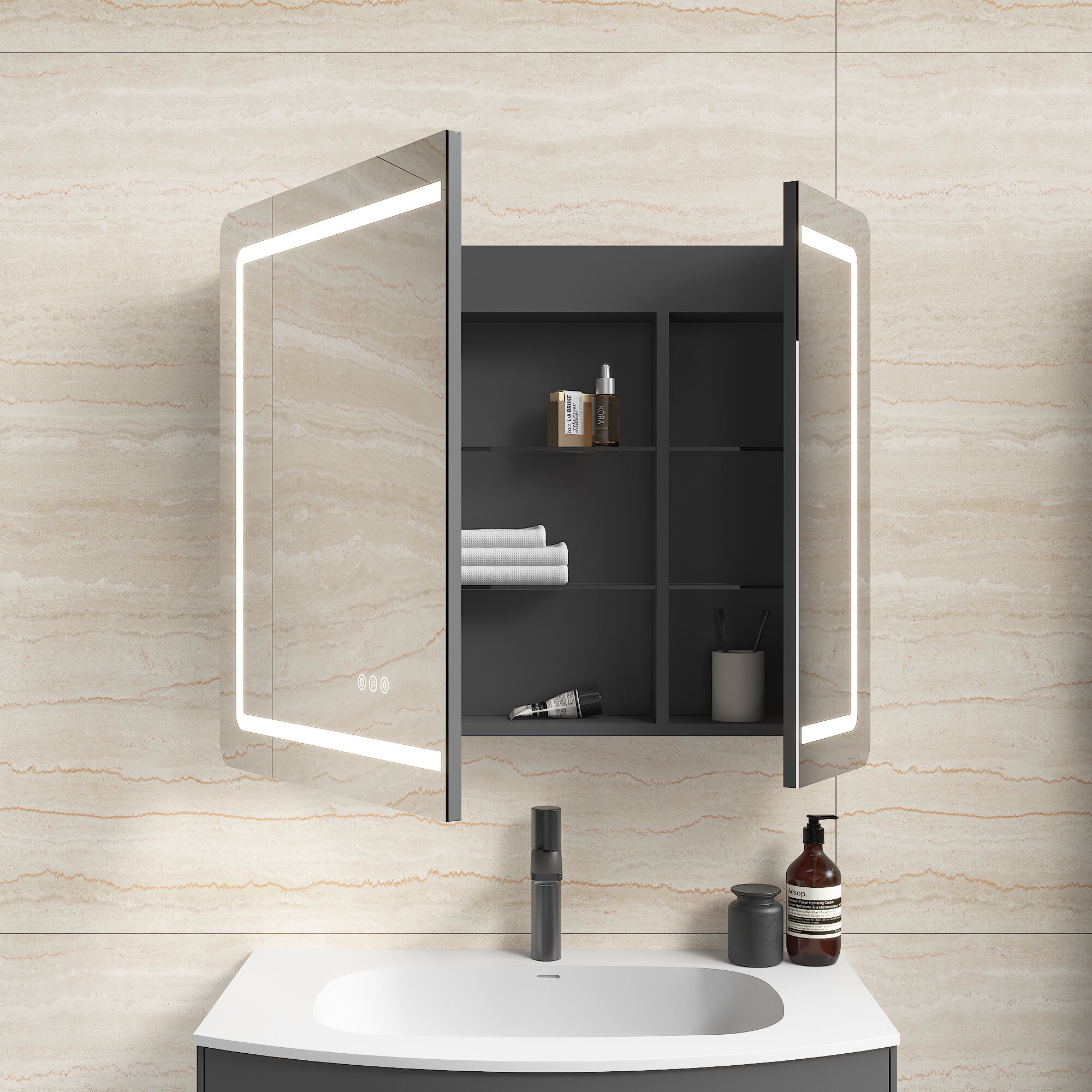 Spiegelschrank Riva 80 cm inkl. LED-Lampe und Glasböden montiert grafit matt