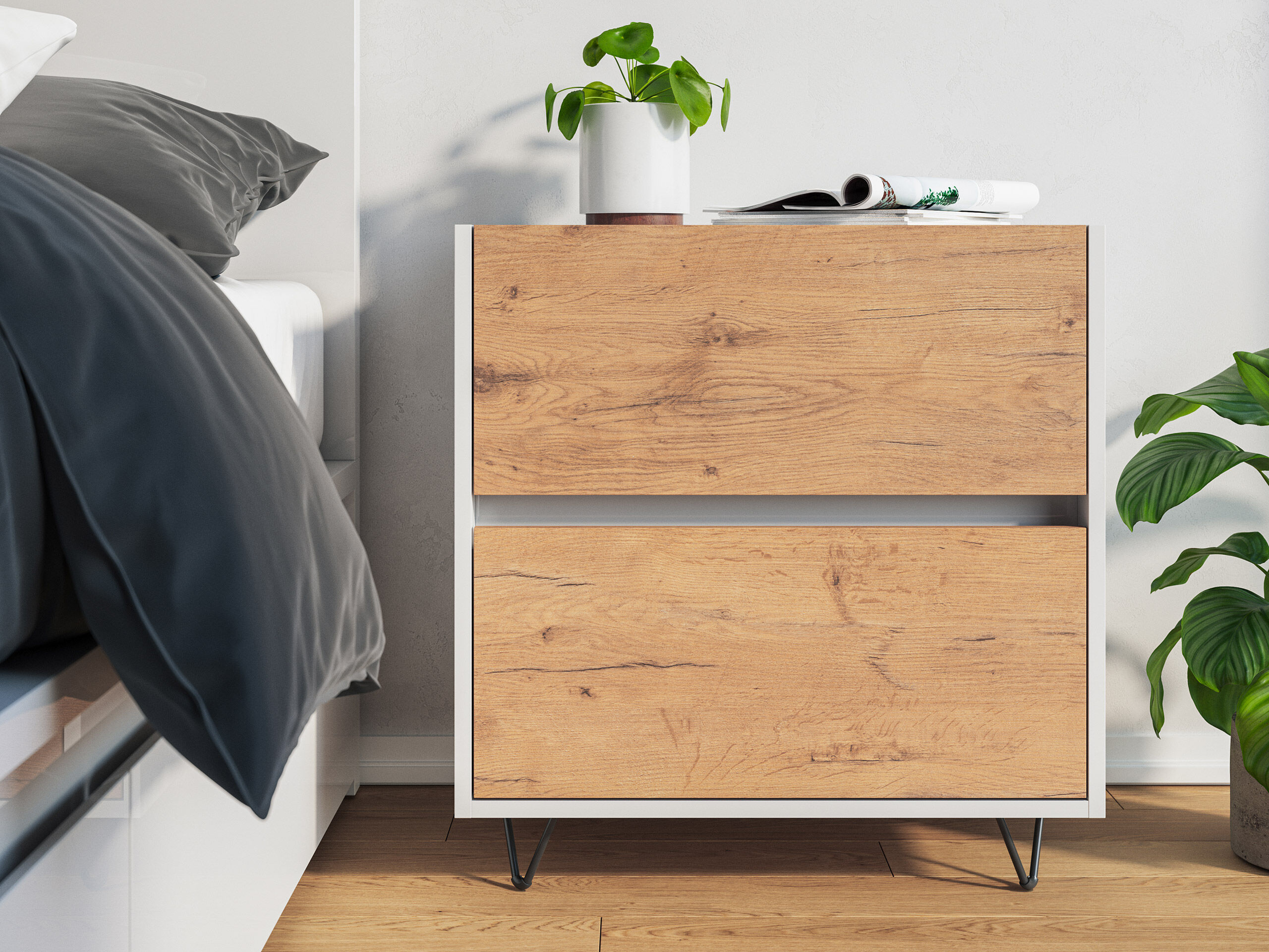 Nachttisch Yako 60cm 2 SoftClose stehend Weiß & Eiche Front | Eiche Gold / Weiss hochglanz