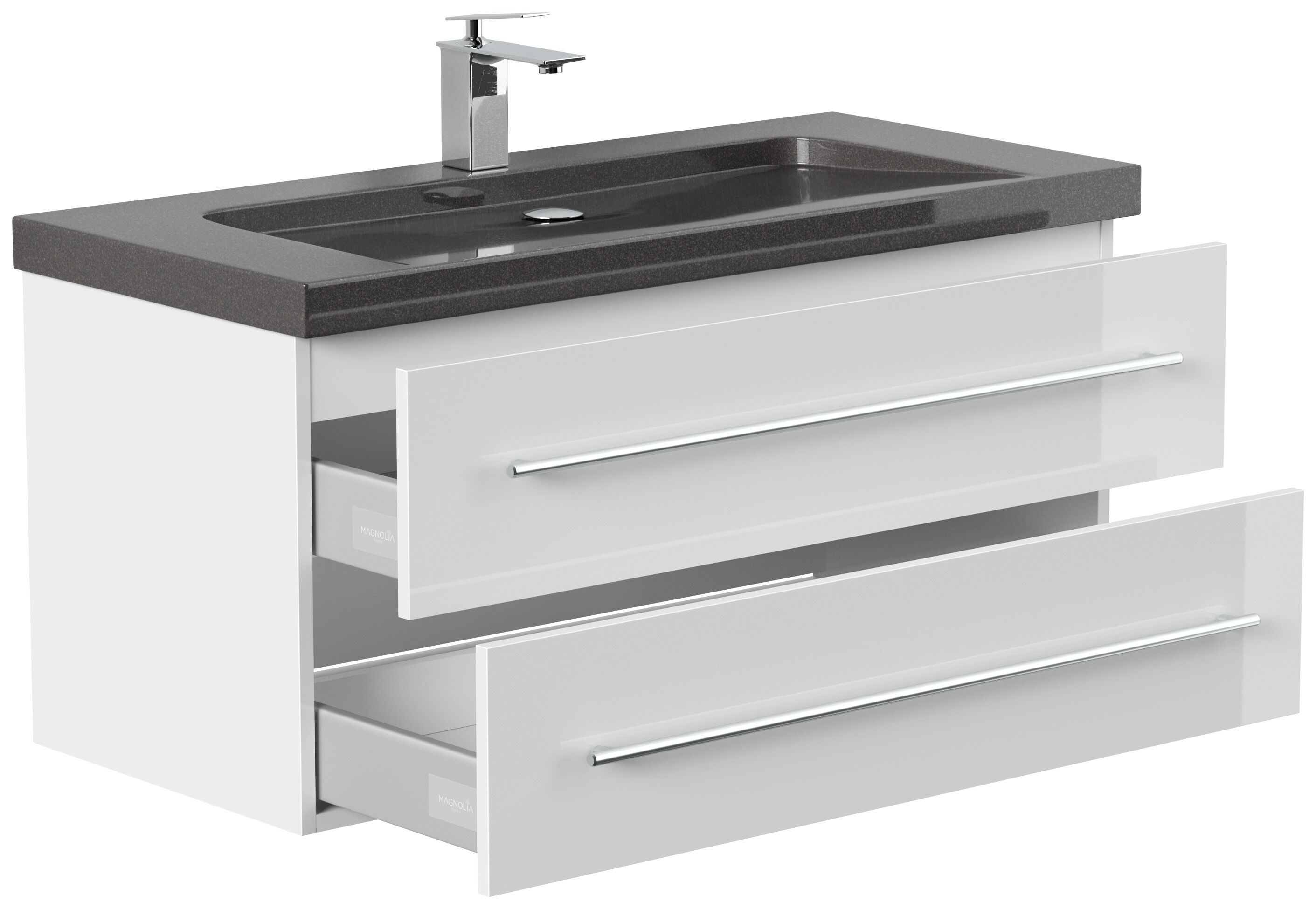 Badmöbel Granit India Black Damo 100 cm 1 Hahnloch SoftClose weiß hochglanz