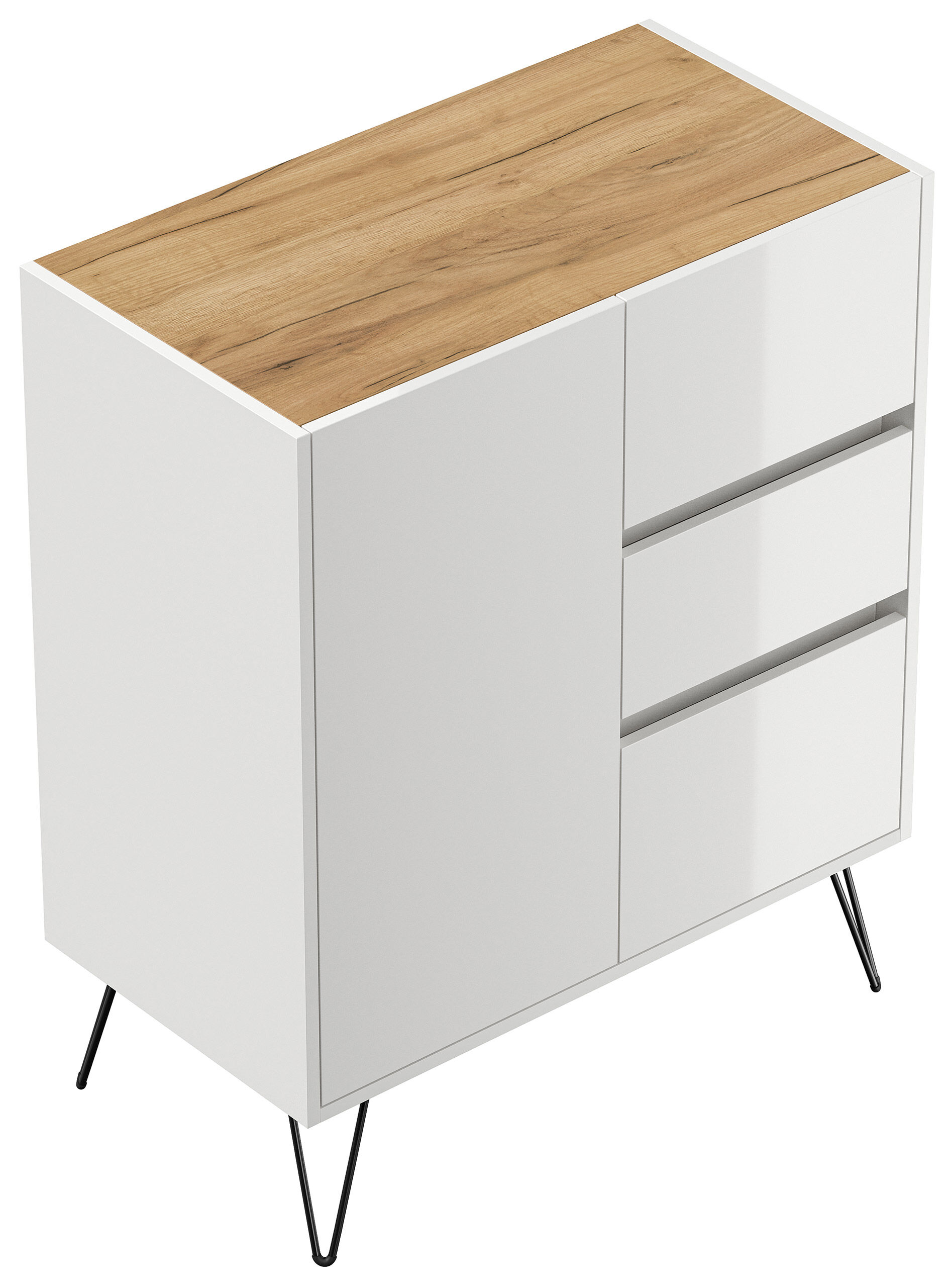 Design Sideboard Kommode Rauk 80cm 3 Greifraum SoftClose 1 Tür Weiß/Eiche Top
