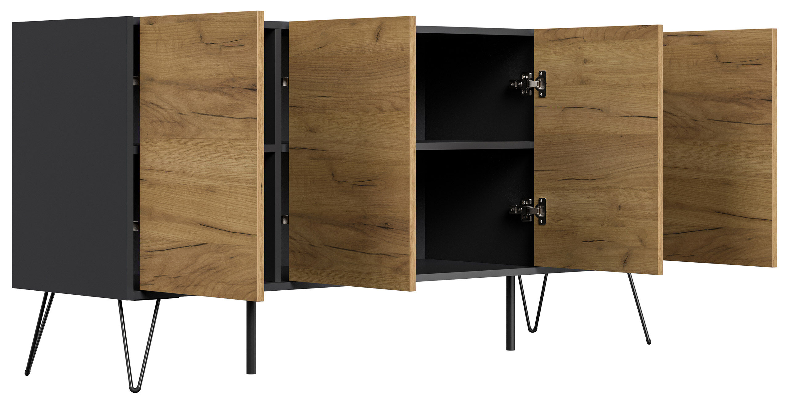 Raumwunder XL Sideboard Kommode Maxim 155cm stehend 4 Türen Grafit/Eiche Front