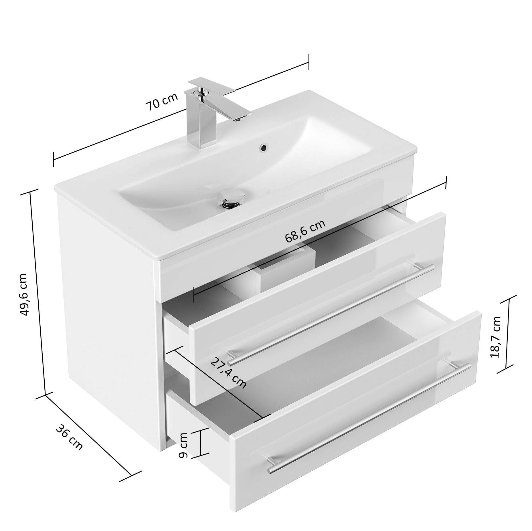 Badmöbel Mars 700 SlimLine 70x36cm mit 2 SoftClose Schubladen weiss hochglanz