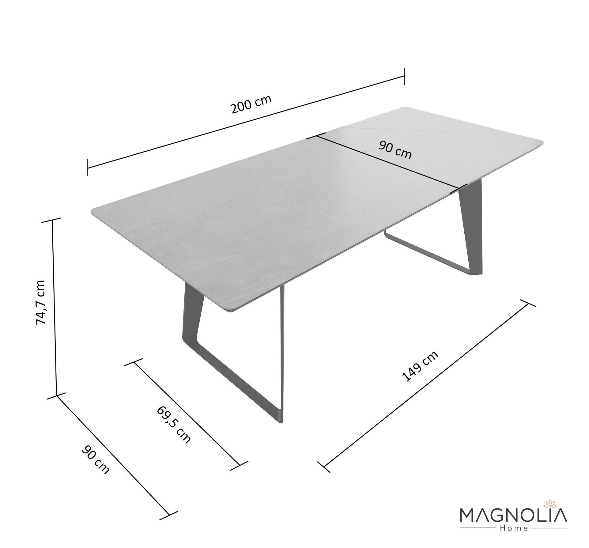 Esstisch 200x90cm graue Keramikplatte schwarze U-Form Beine
