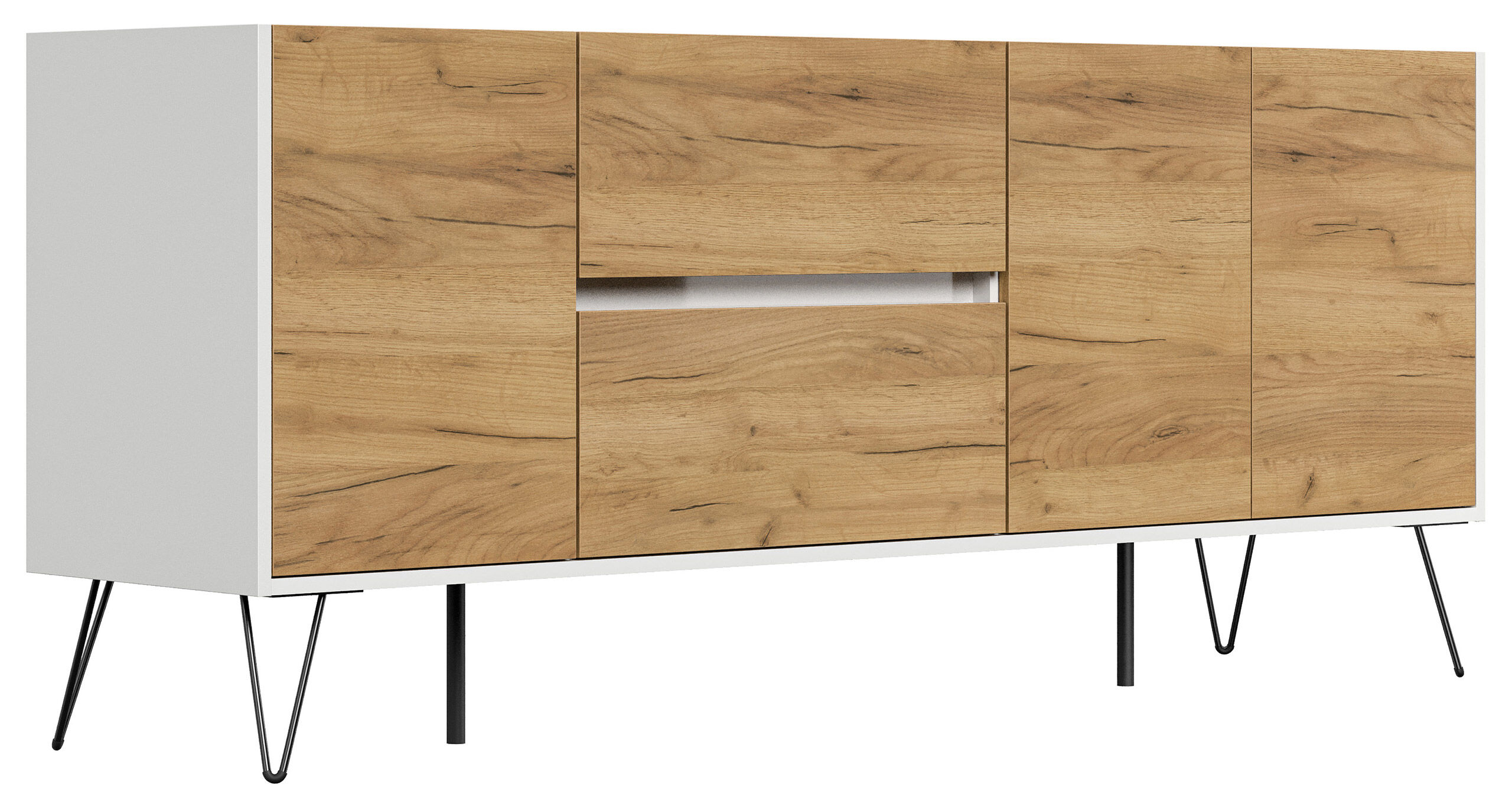 Raumwunder XL Sideboard Kommode Pharo 180cm 2 SoftClose 3 Türen Weiß/Eiche Front