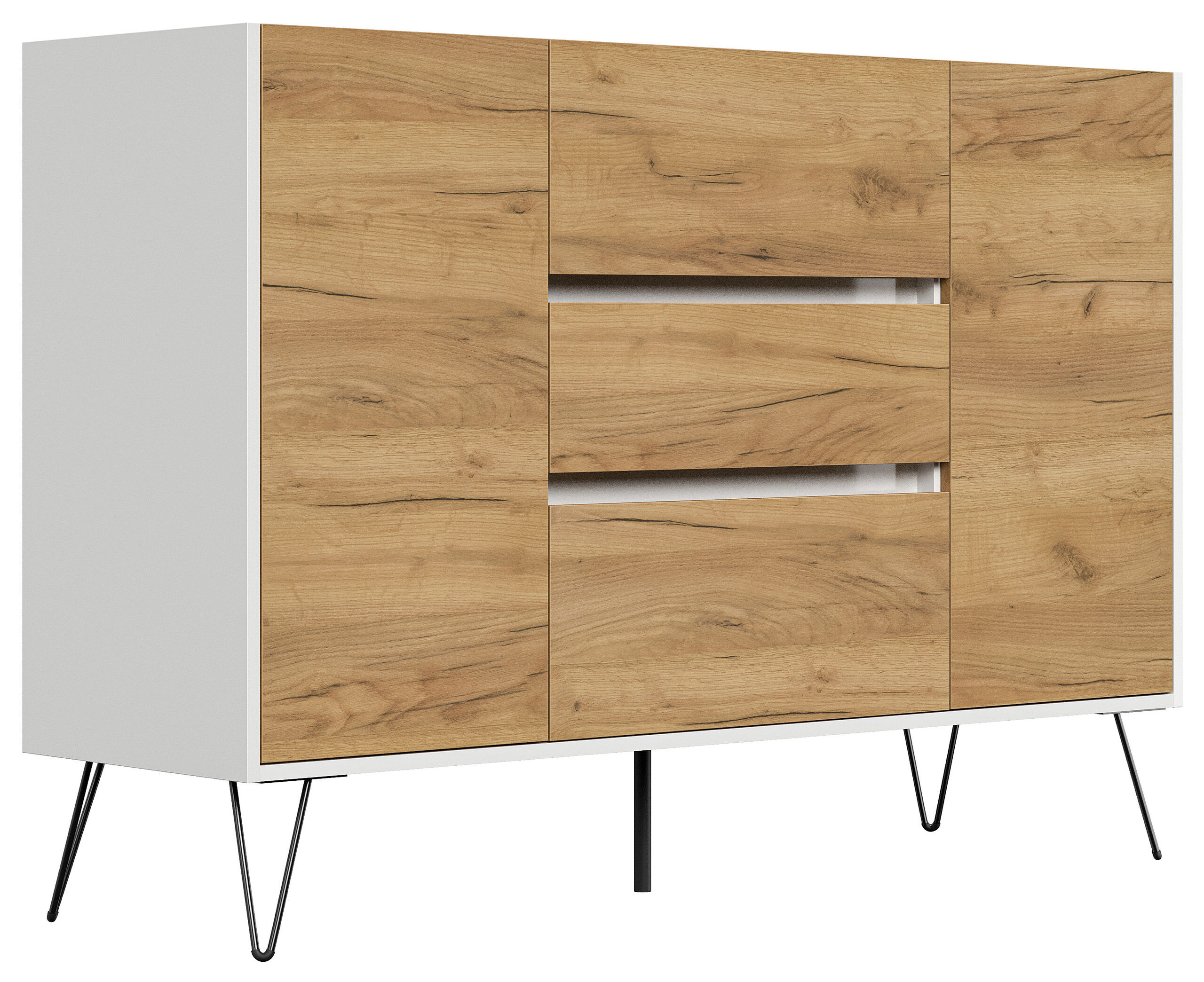 Sideboard Yako XL 140cm 3 SoftClose 2 Türen Weiß/Eiche Front
