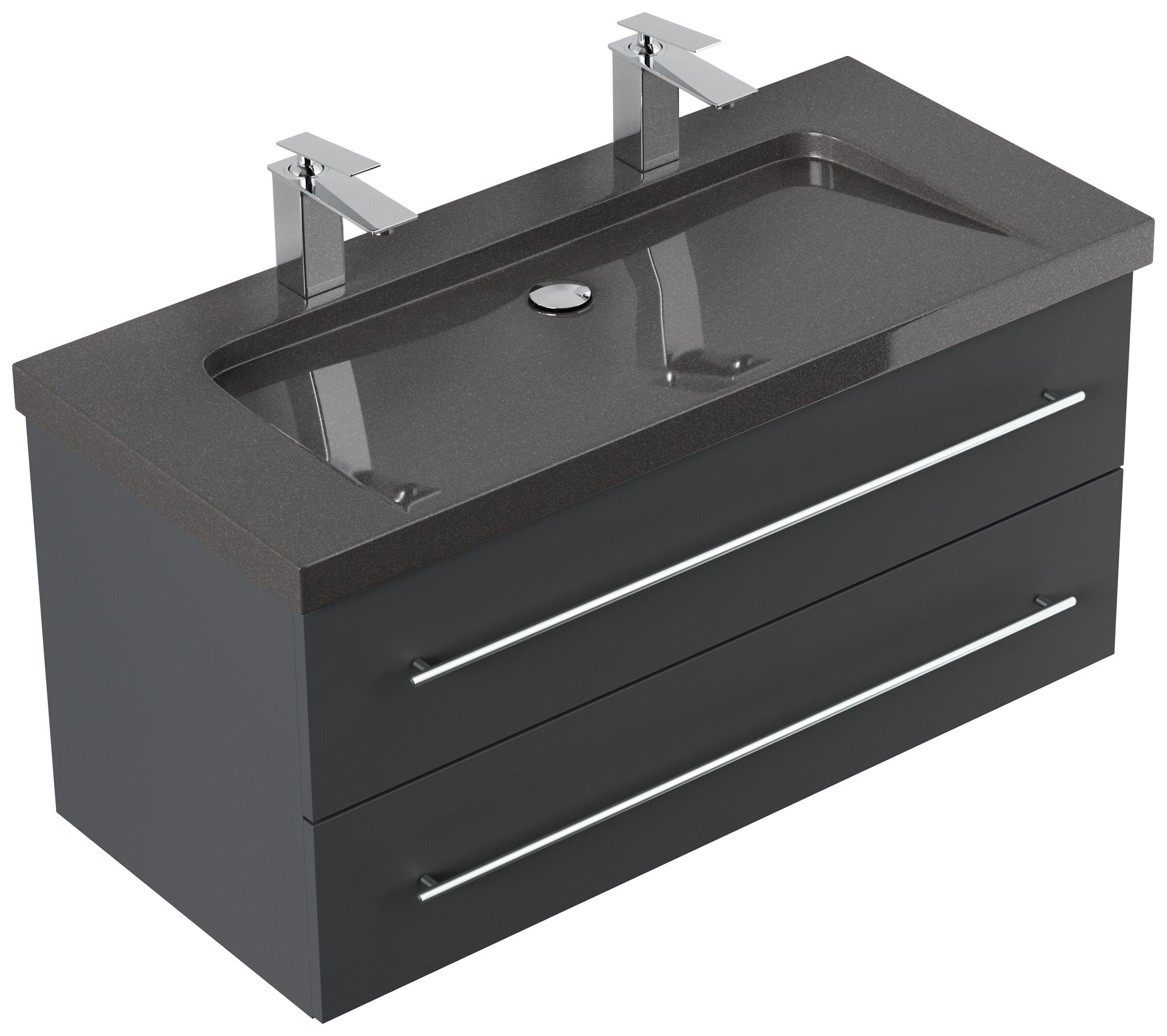 Badmöbel Granit India Black Damo 100 cm 2 Hahnlöcher SoftClose weiß hochglanz