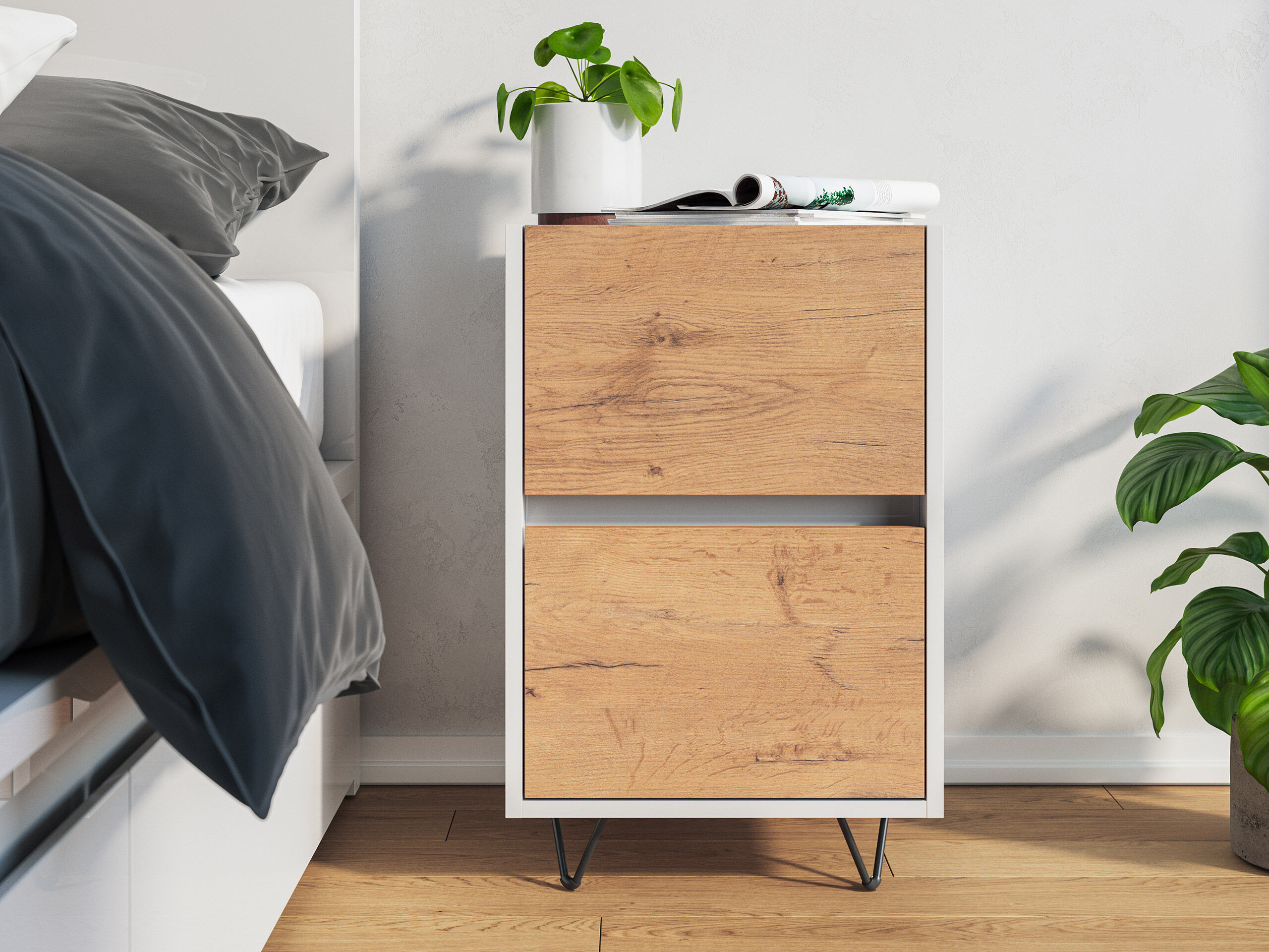 Nachttisch Yako 40cm 2 SoftClose stehend Weiß & Eiche Front | Eiche Gold / Weiss hochglanz