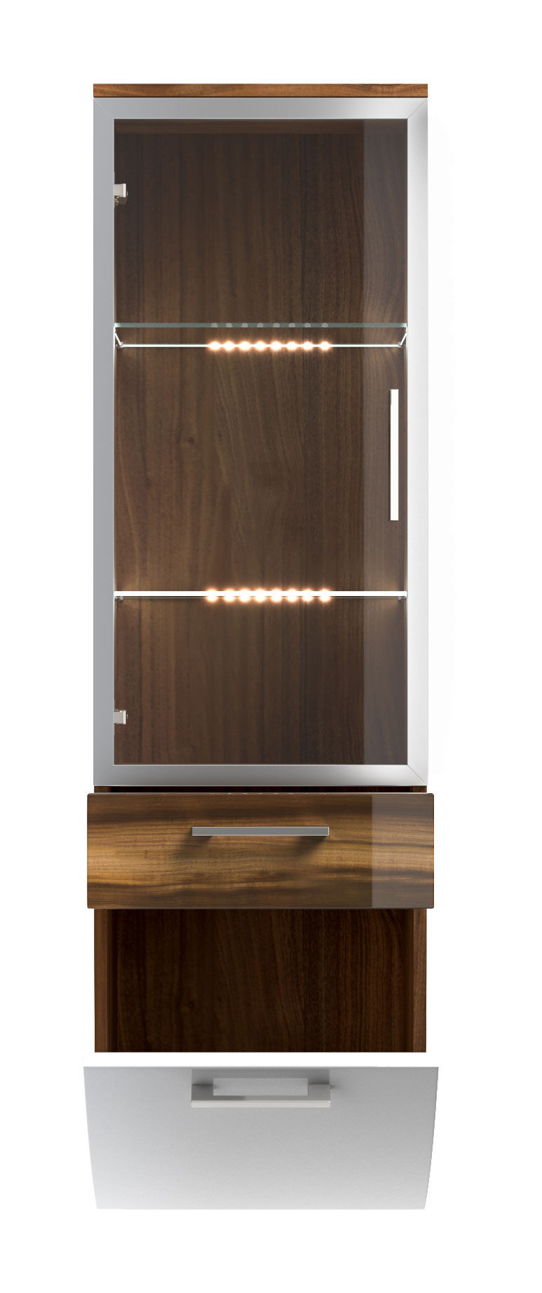 Hochschrank Rima 135 cm mit Glastür rund Weiss hochglanz/Walnuss hochglanz