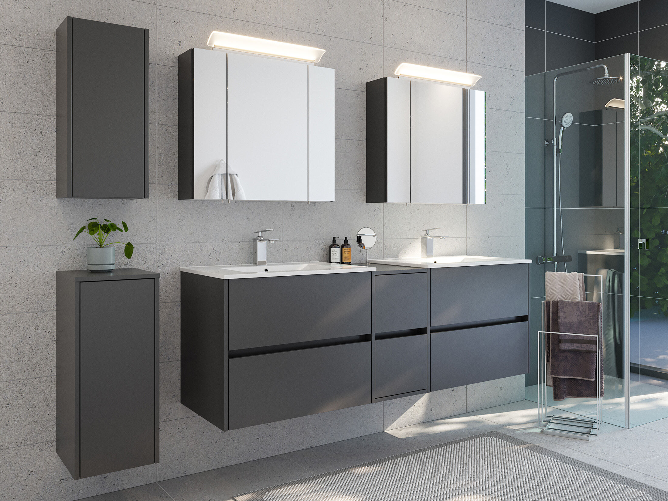 Badmöbelset Taifun 170cm 5tlg mit 2x Spiegelschrank & 2x Badschrank grafit