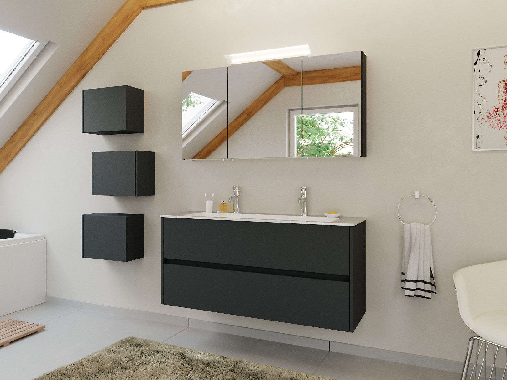 Doppel-Badmöbel Set Taifun 3tlg. 120 cm mit Spiegelschrank & 3er Boxen Grafit