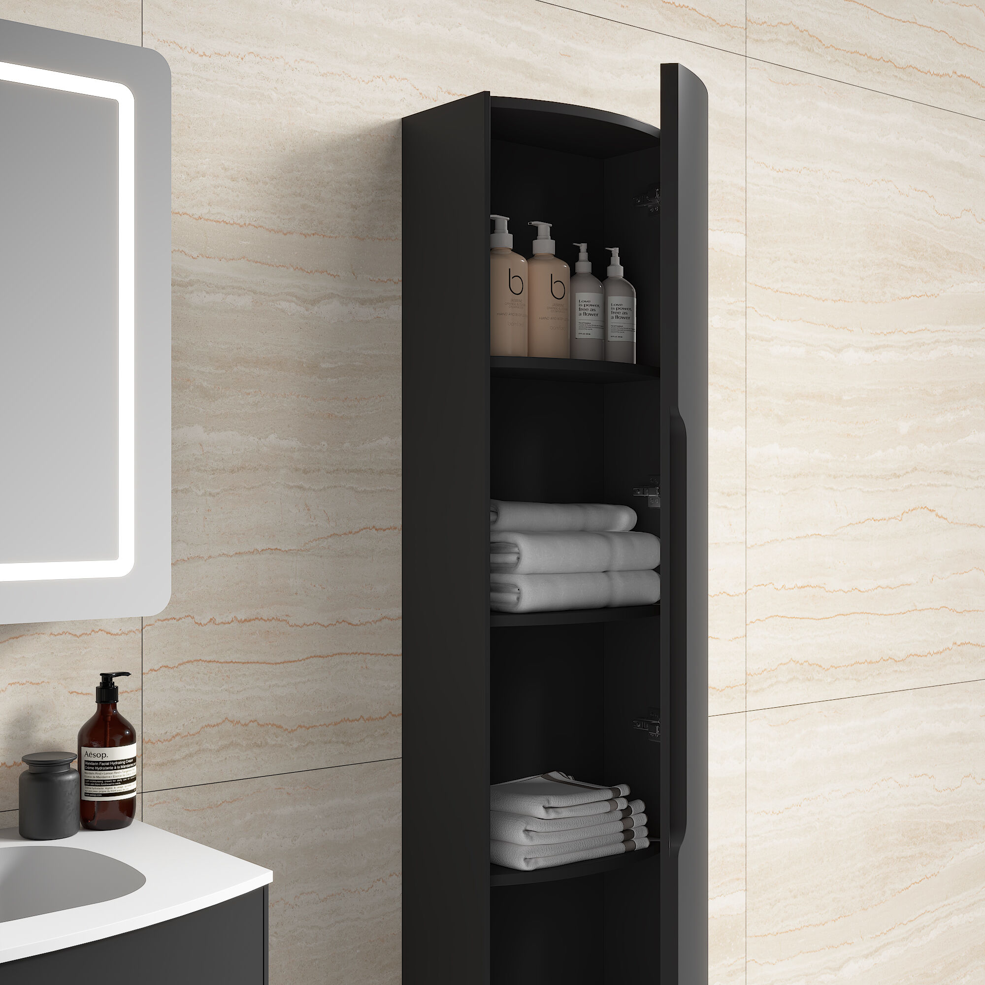 Badmöbel Set Riva 3tlg. 80 cm mit Spiegelschrank montiert schwarz matt