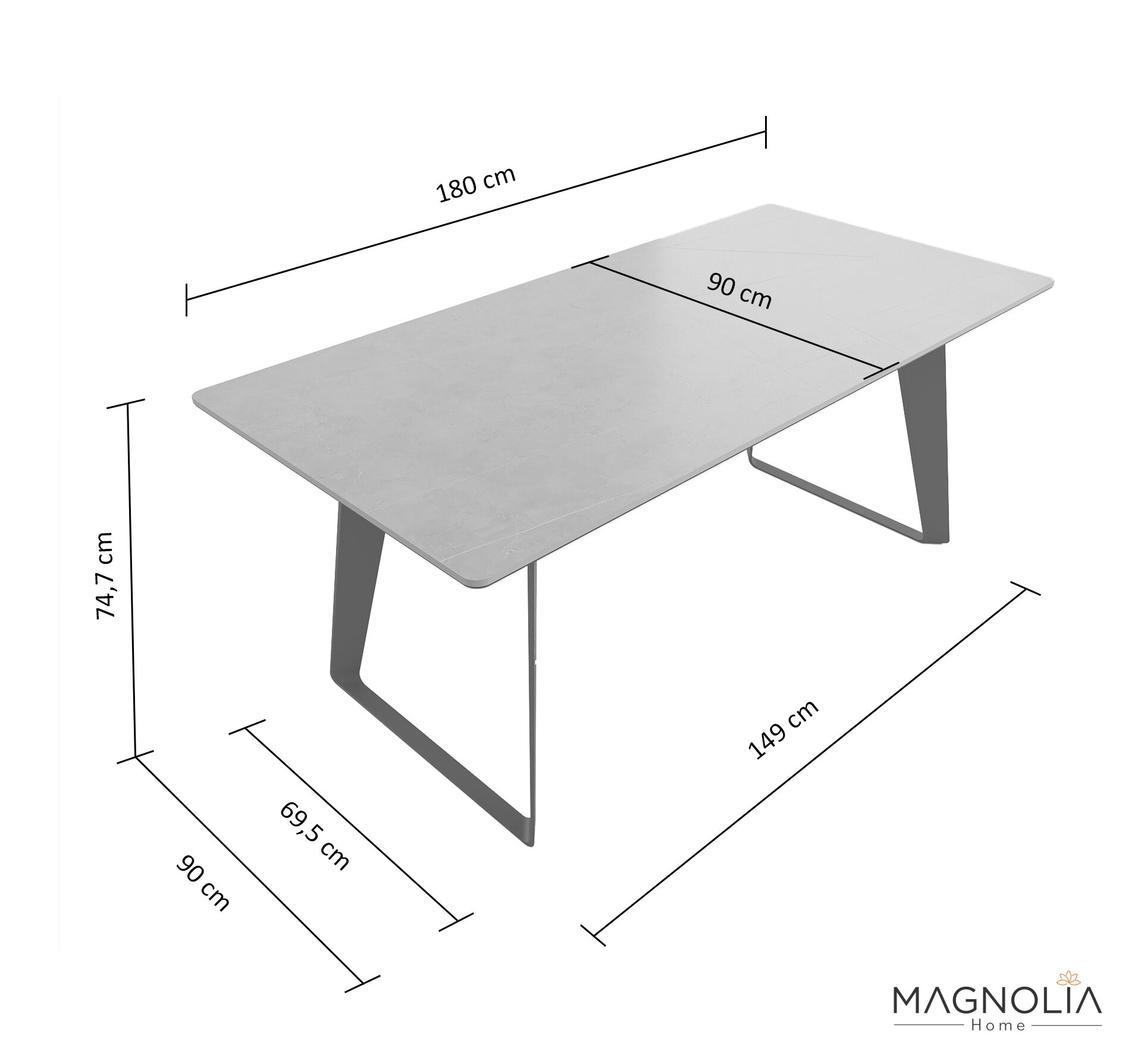 Esstisch 180x90cm graue Keramikplatte schwarze U-Form Beine