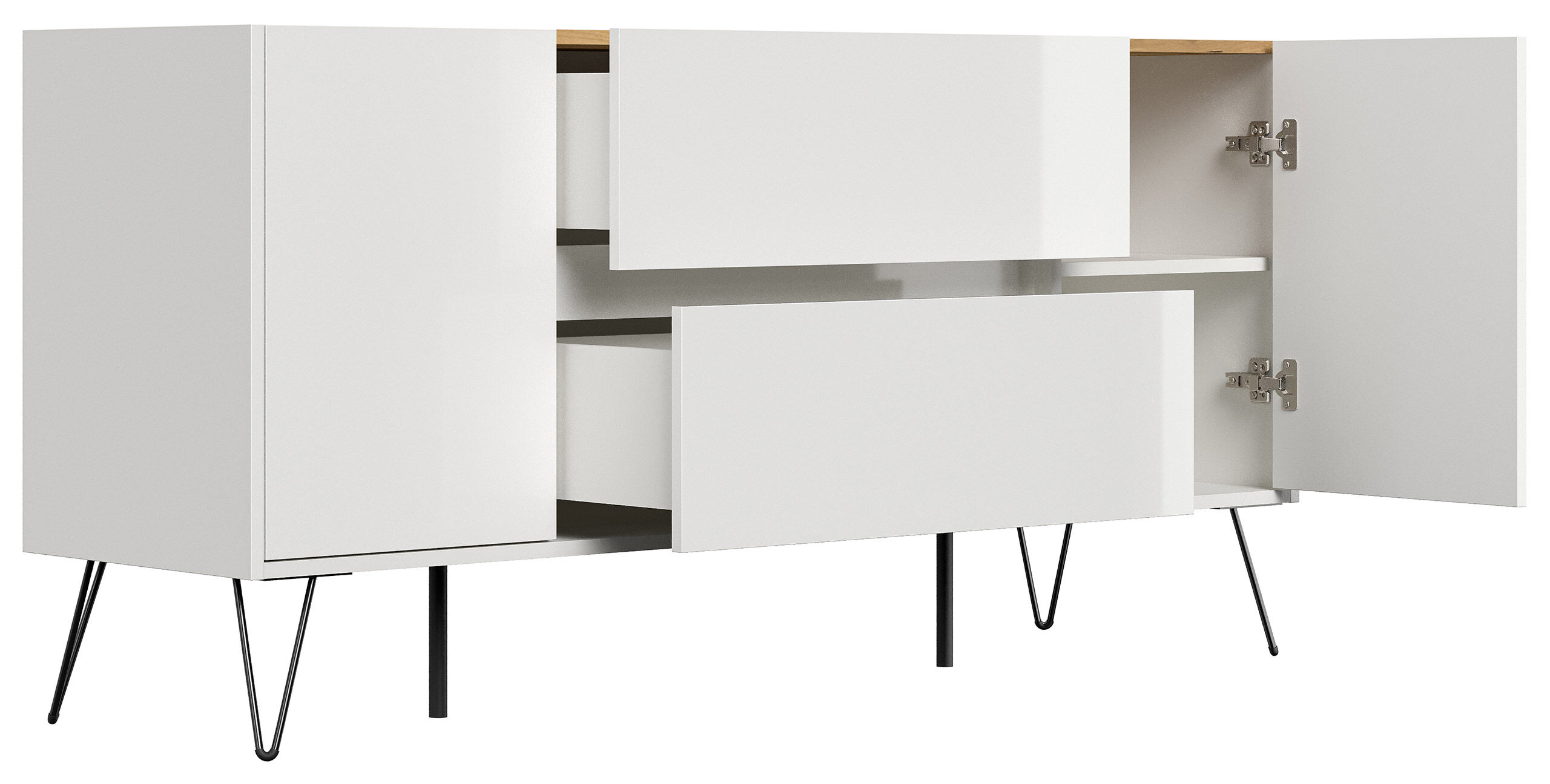 Sideboard Yako 155cm 2 SoftClose 2 Türen Weiß/Eiche Top
