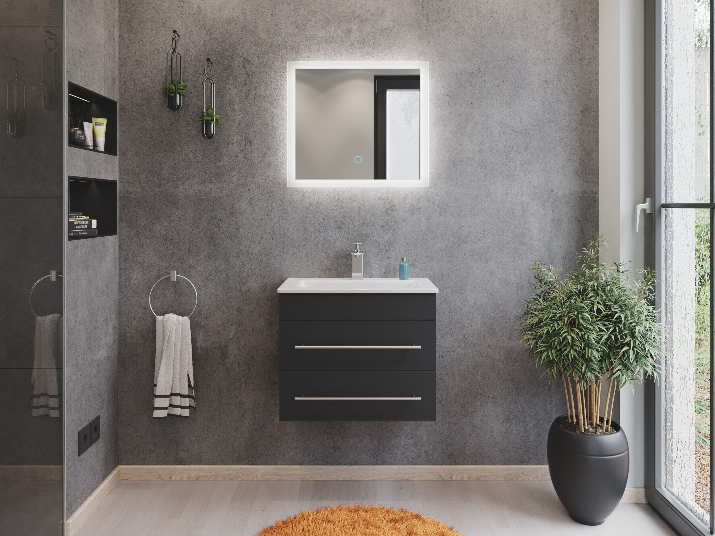 Badmöbel Mars 600 2-teilig mit LED Spiegel SlimLine weiss hochglanz