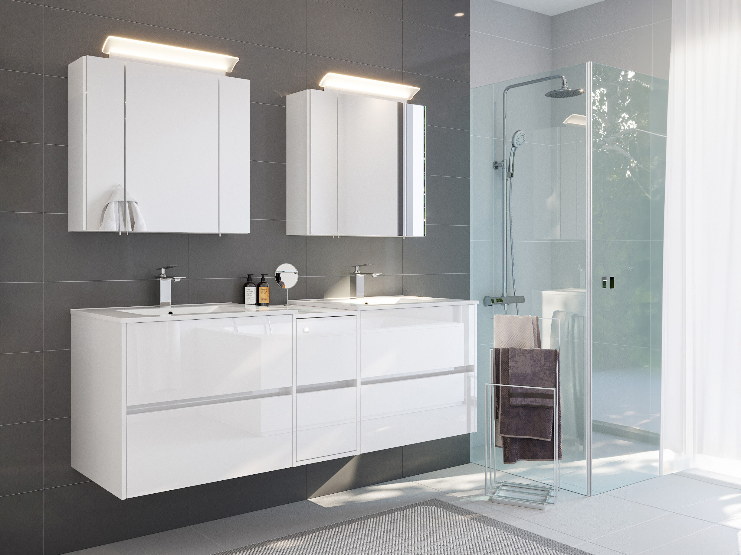 Badmöbelset Taifun 170cm 3tlg mit 2x Spiegelschrank weiß Hgl