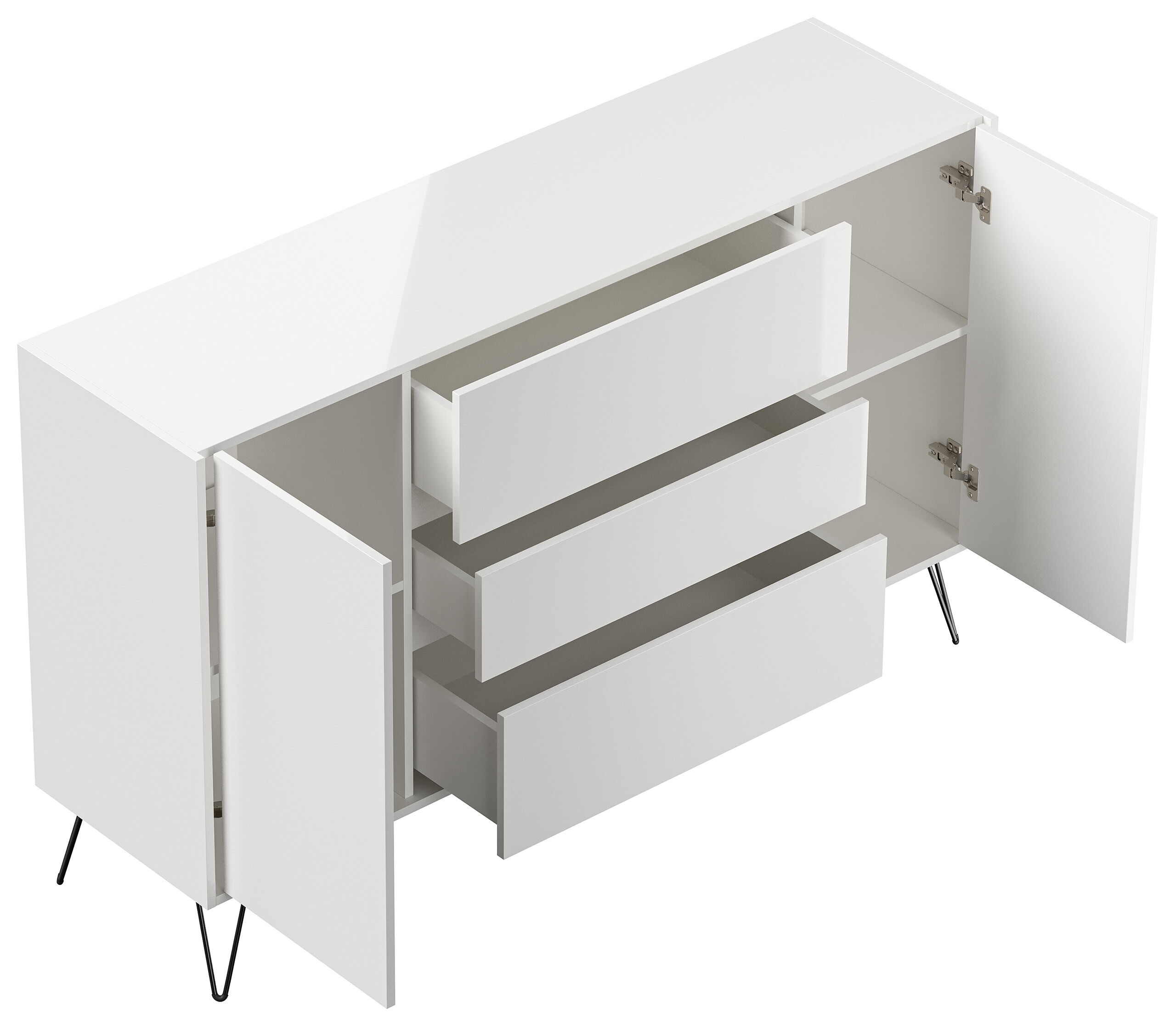 Sideboard Kommode Lovo 155cm Greifraum 3 SoftClose 2 Türen Weiß/Eiche Front