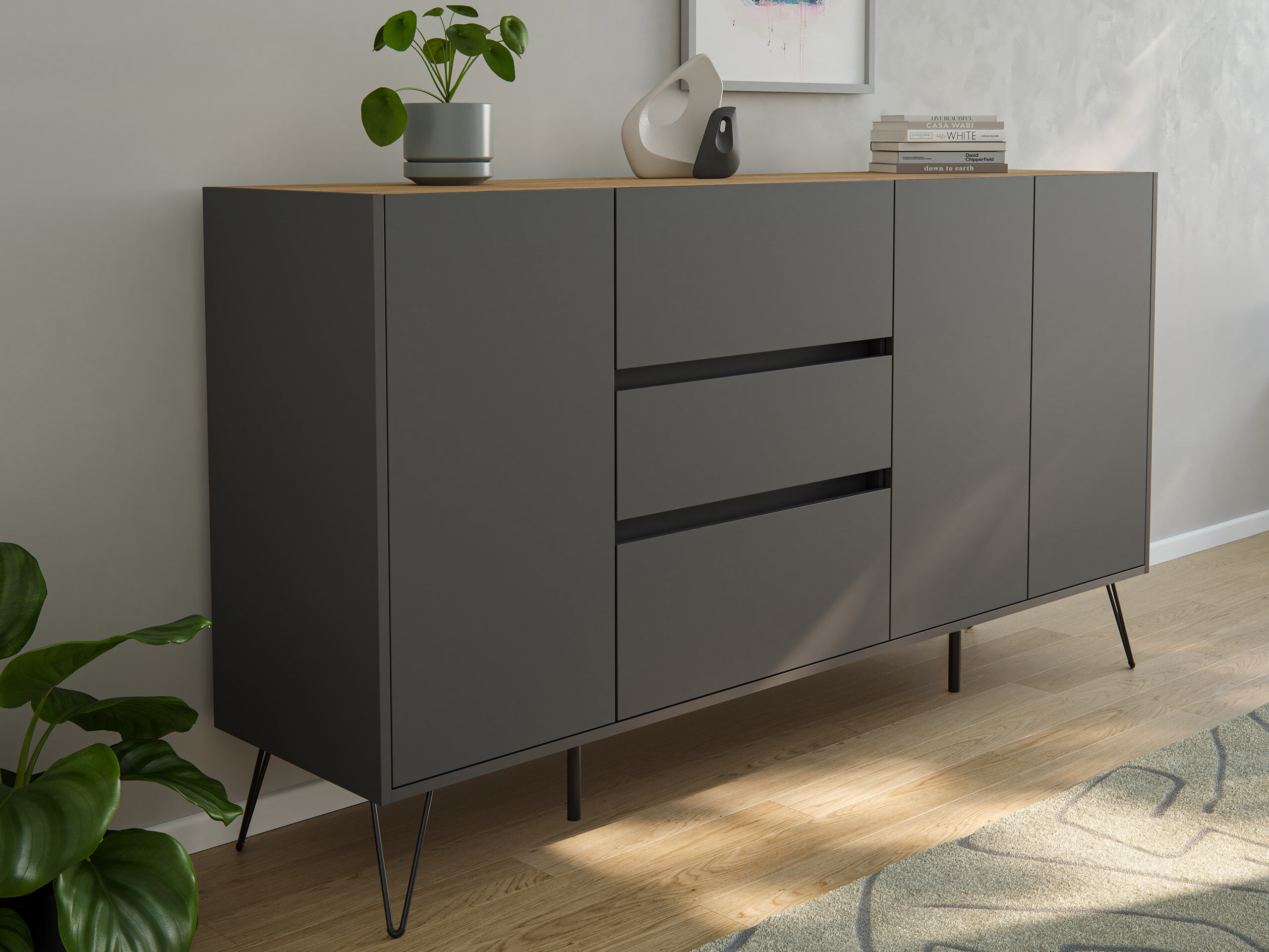 Design Sideboard Kommode Zuma 180cm Greifraum 3 SoftClose 3 Türen Weiß hochglanz