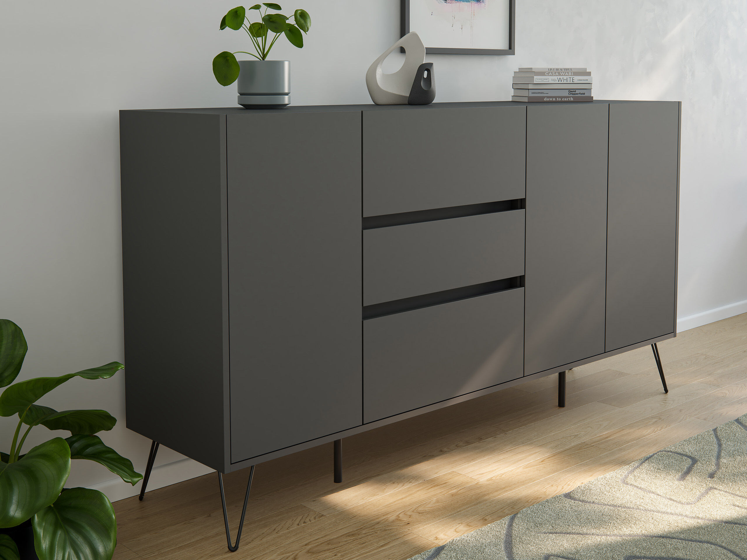 Design Sideboard Kommode Zuma 180cm Greifraum 3 SoftClose 3 Türen Weiß hochglanz