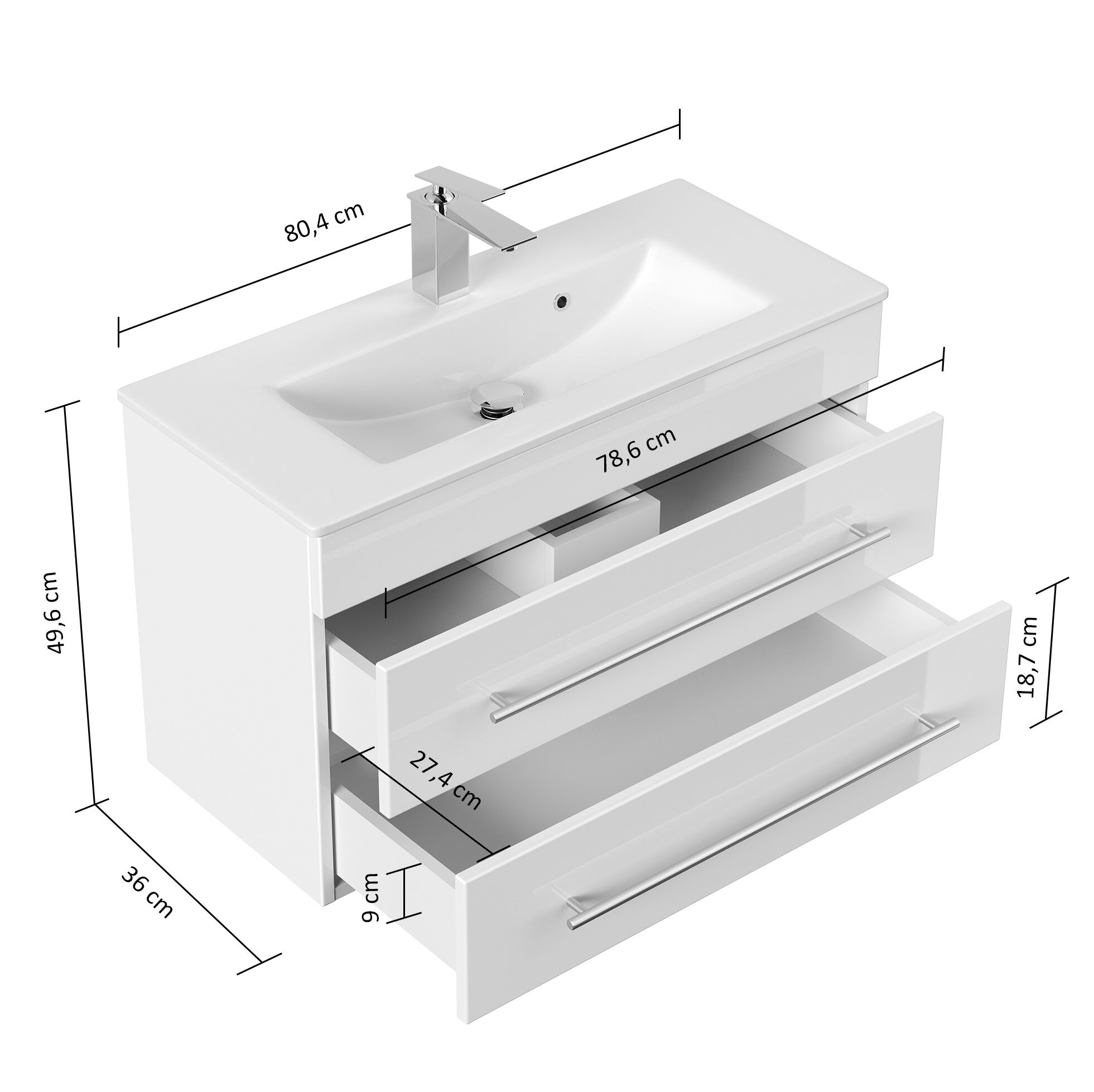 Badmöbel Mars 800 SlimLine 80x36cm mit 2 SoftClose Schubladen weiss hochglanz