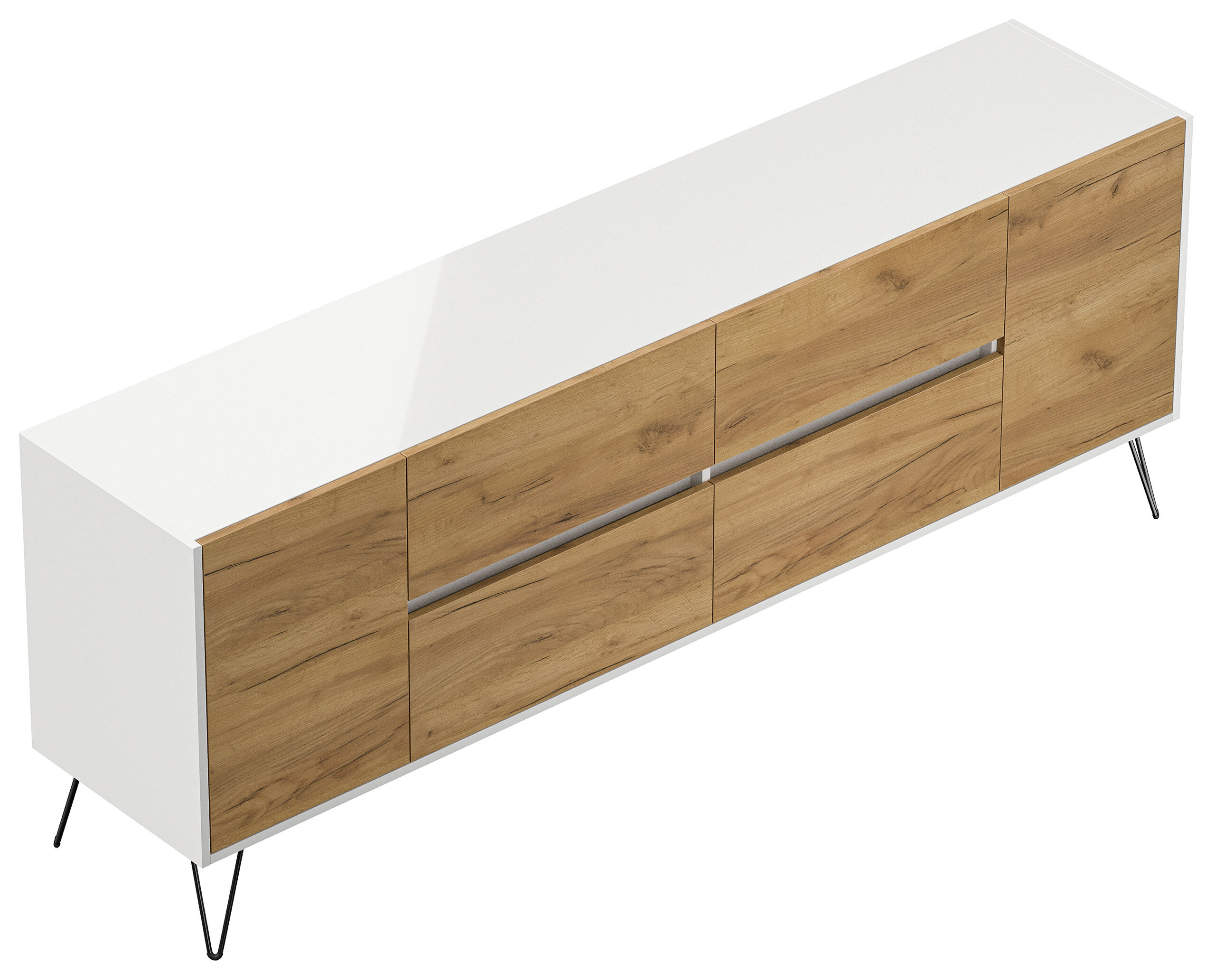 Raumwunder XXL Sideboard Heros 200cm 4 SoftClose 2 Türen Weiß/Eiche Front