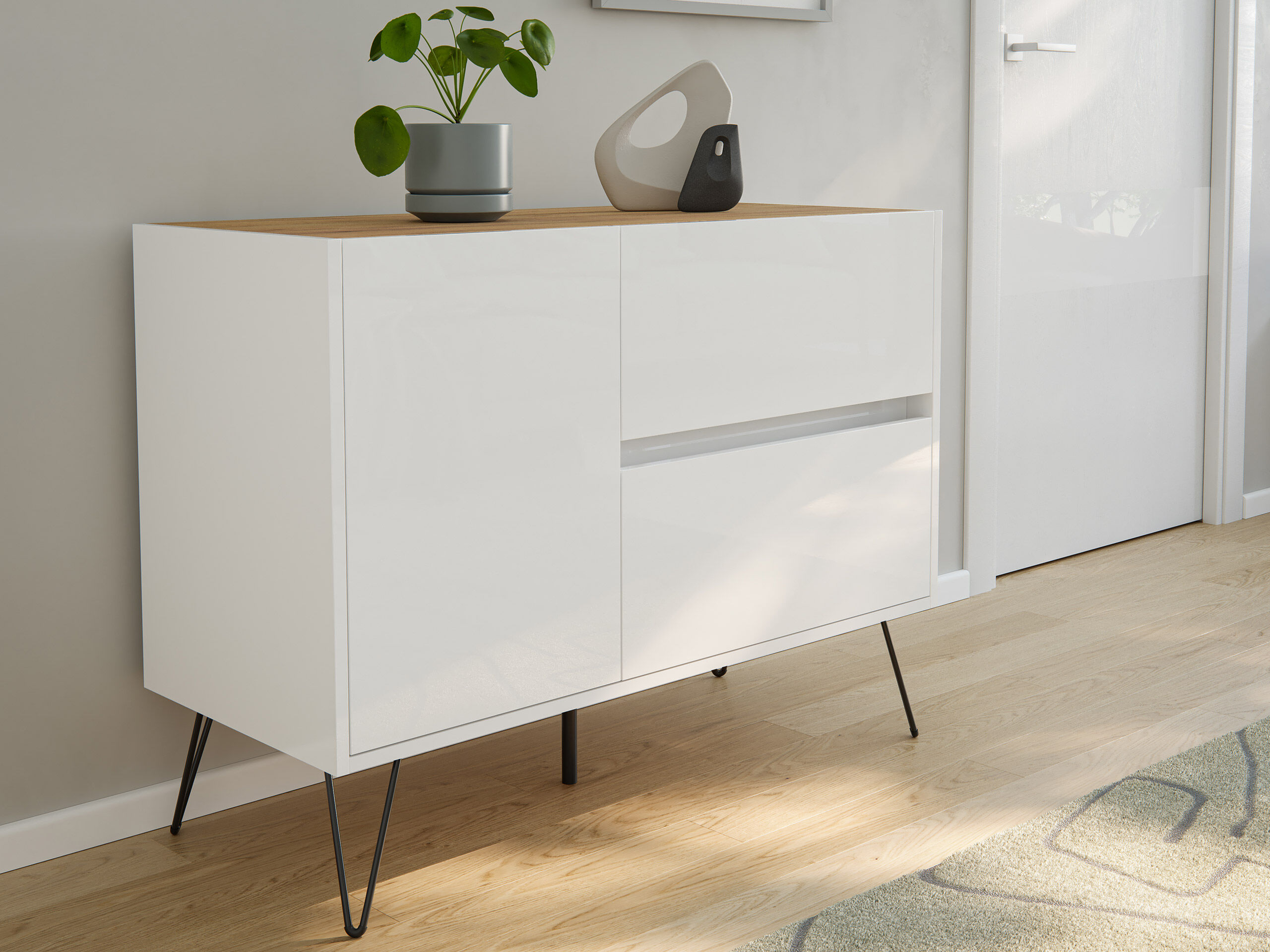 Sideboard Yako 100cm 2 SoftClose 1 Tür Weiß/Eiche Top | Weiss hochglanz / Eiche Gold