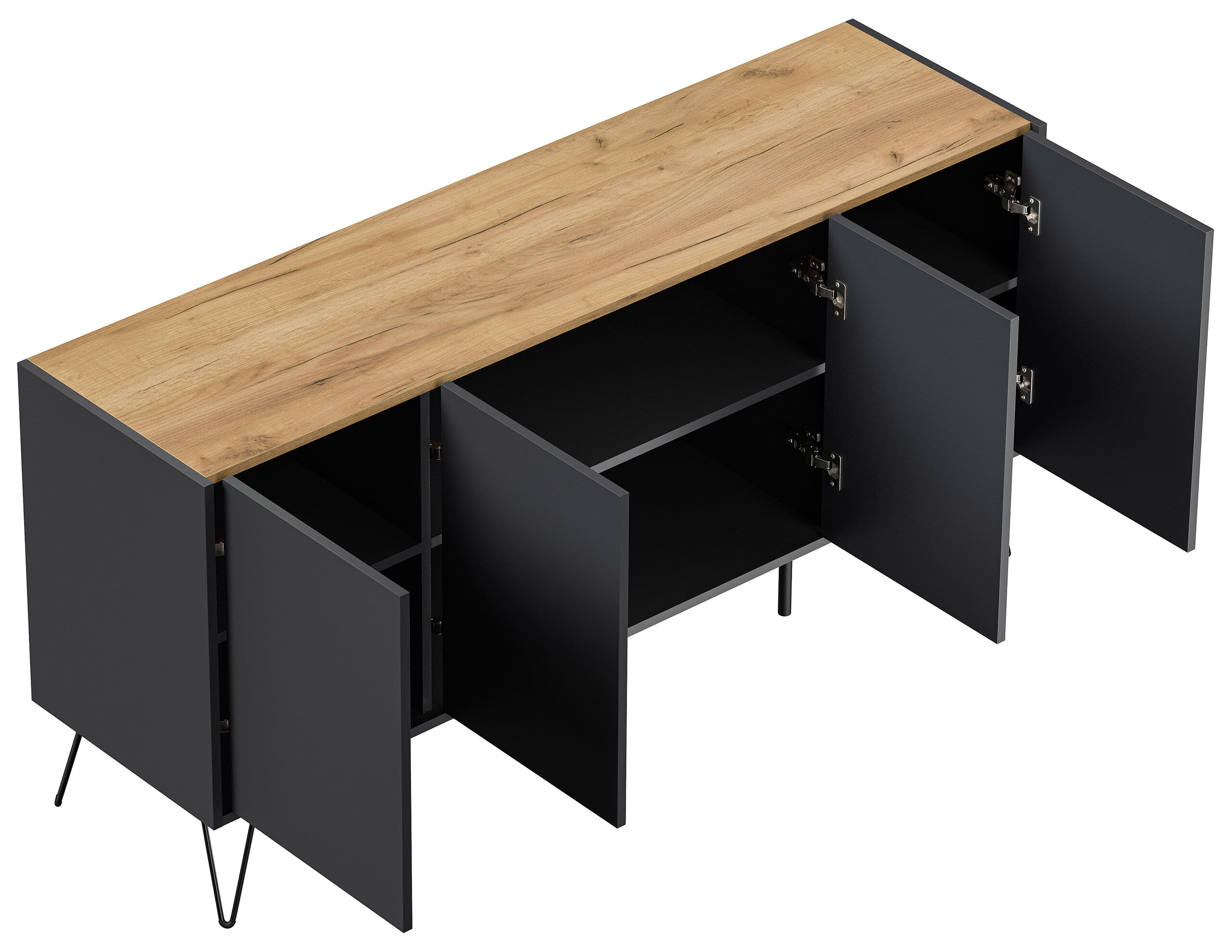 Raumwunder XL Sideboard Kommode Maxim 155cm stehend 4 Türen Grafit/Eiche Top