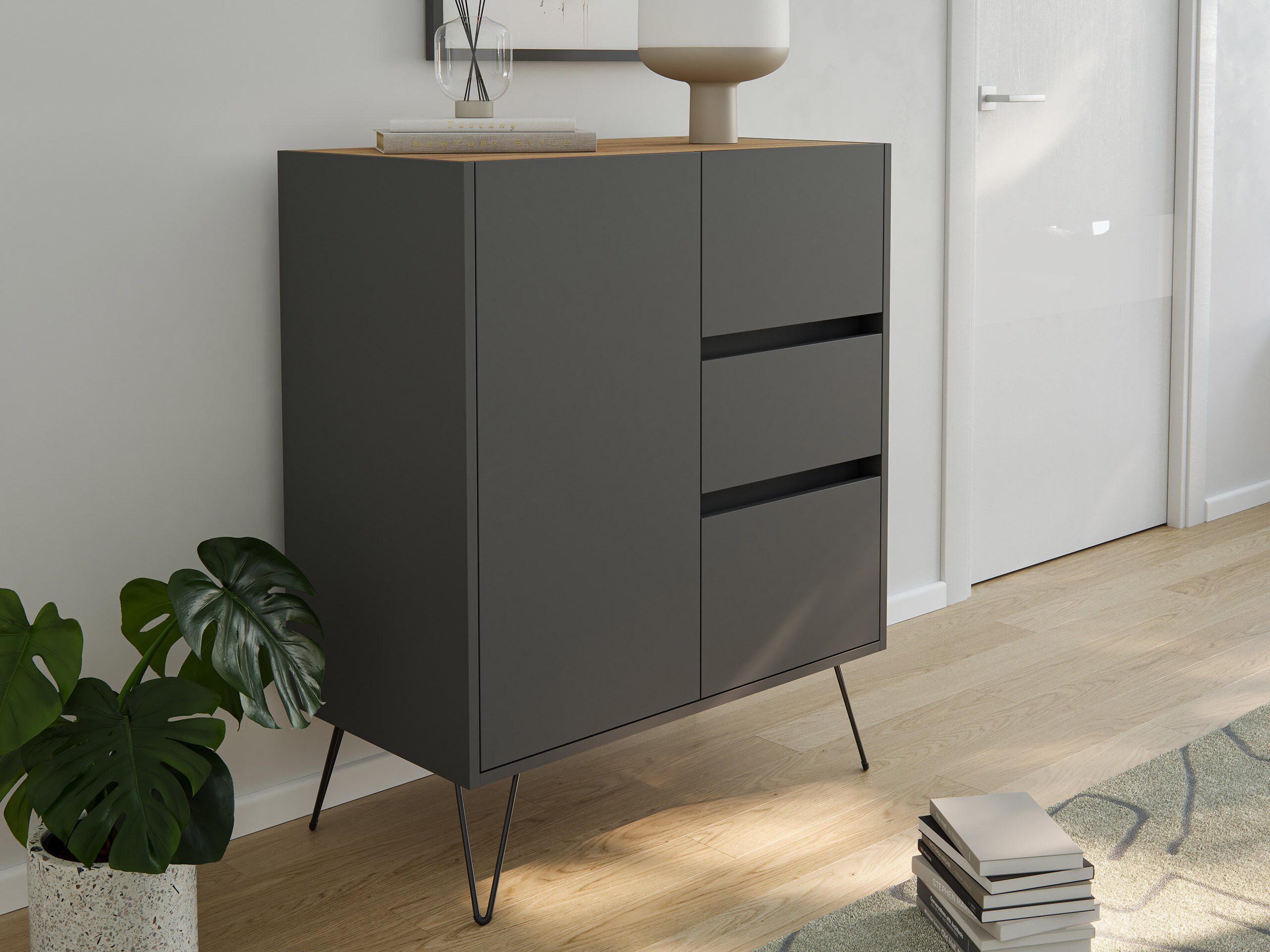 Design Sideboard Kommode Rauk 80cm 3 Greifraum SoftClose 1 Tür Grafit