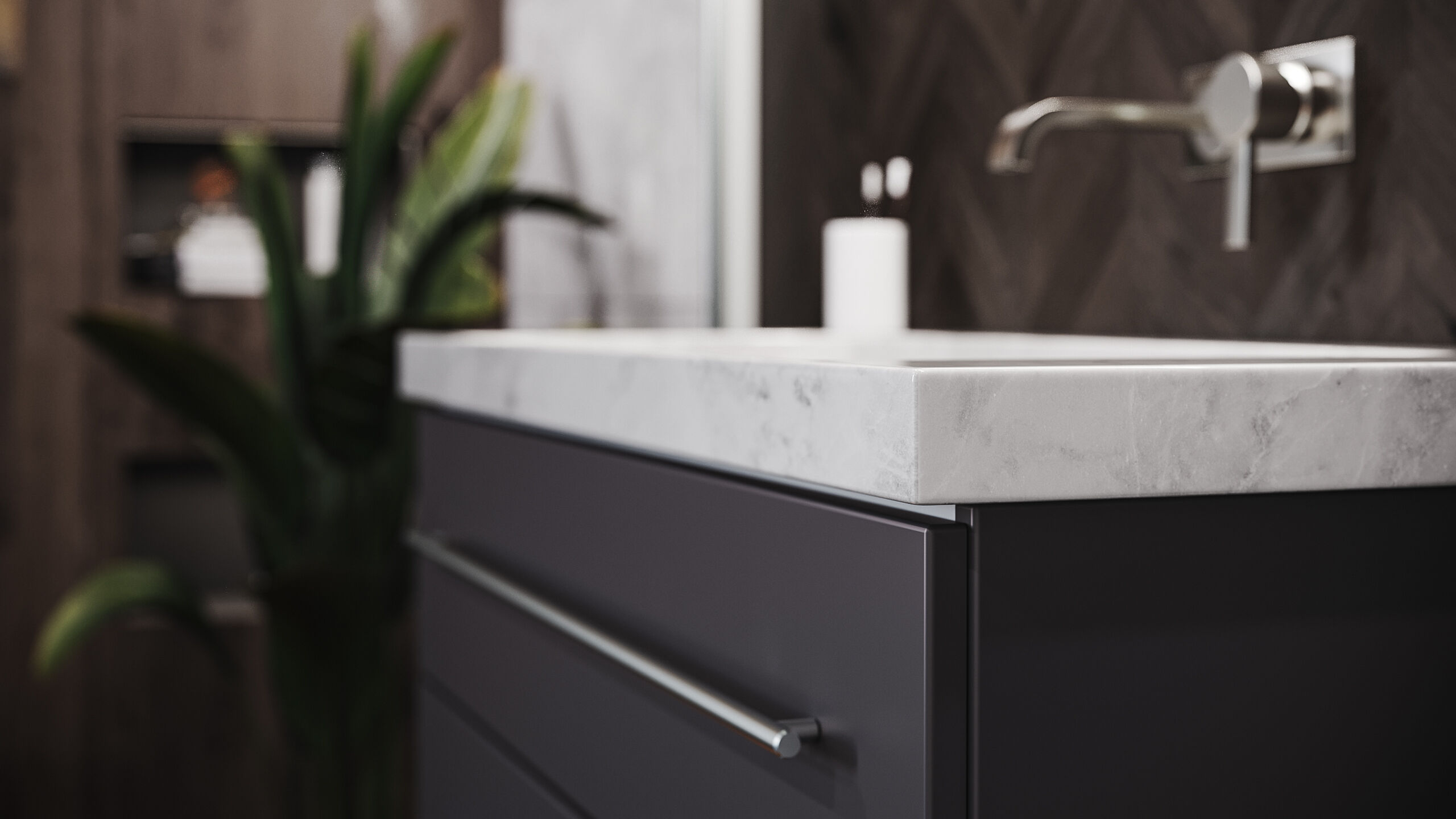 Badmöbel Marmor Carrara White Damo 100cm ohne Hahnloch anthrazit & Spiegel