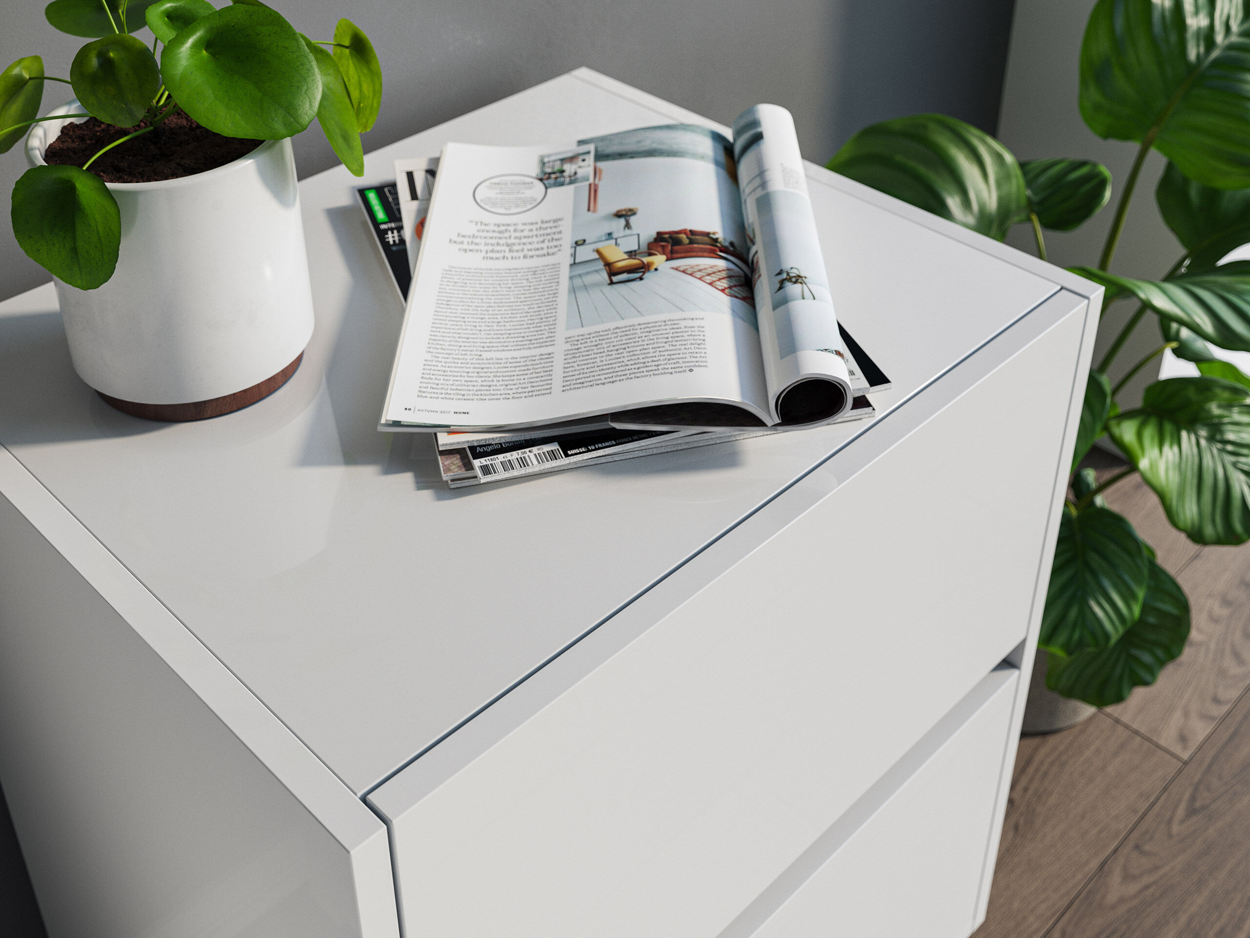 Nachttisch Yako 50cm 2 SoftClose stehend Weiß & Eiche Front