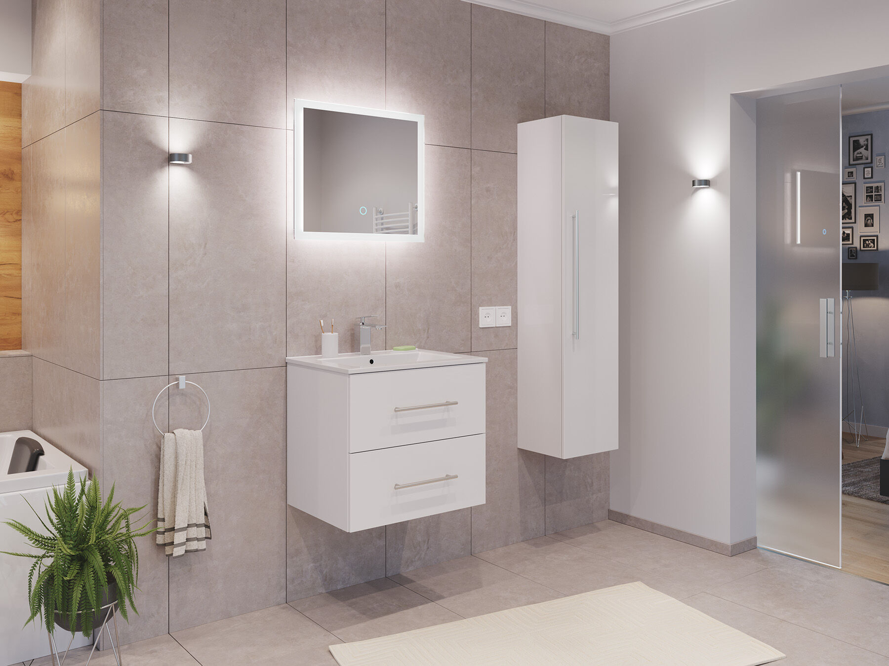 Badmöbel Set Firenze 60 3tlg. LED Spiegel und Hochschrank grafit