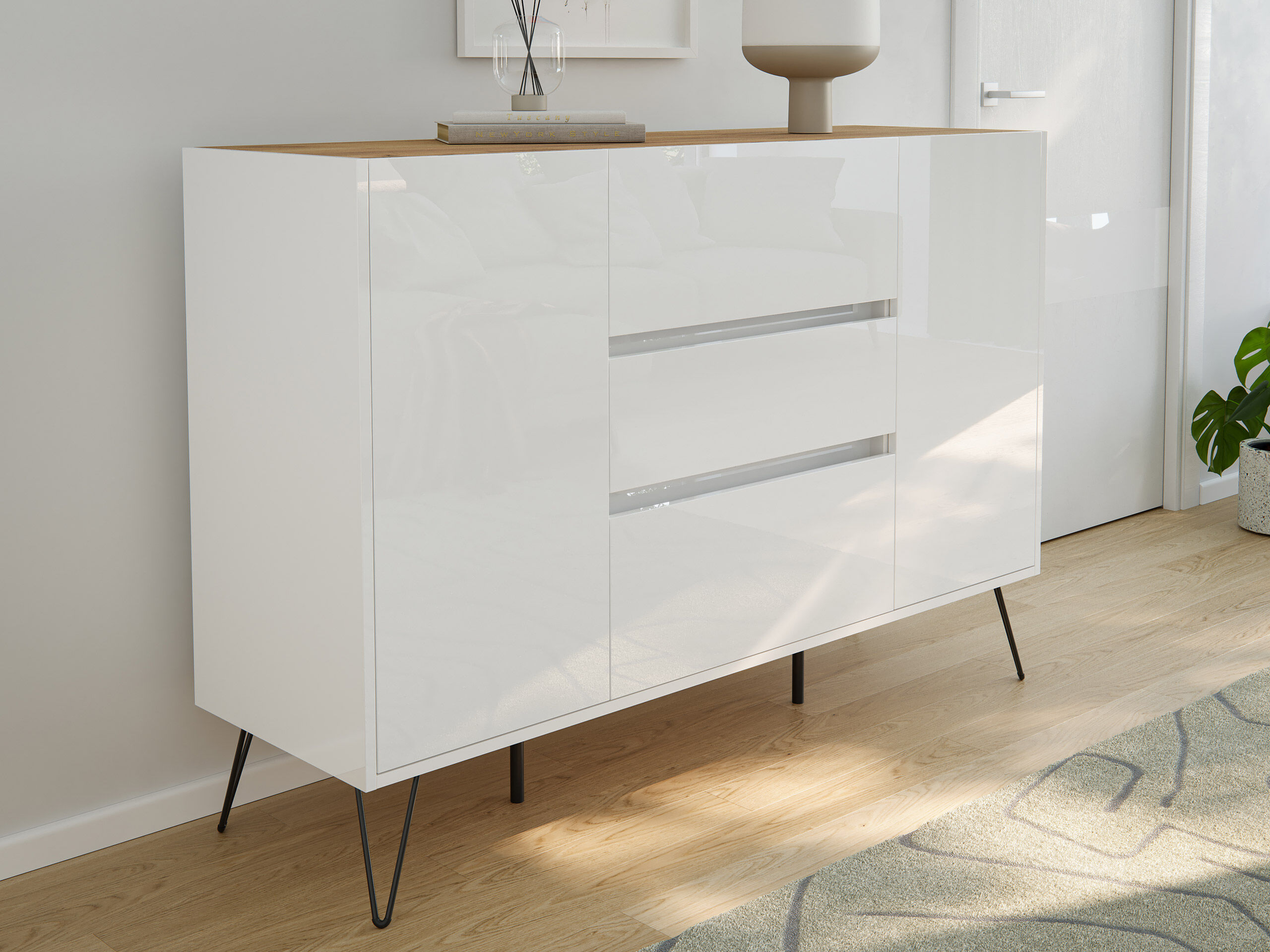 Sideboard Yako XL 140cm 3 SoftClose 2 Türen Weiß/Eiche Top