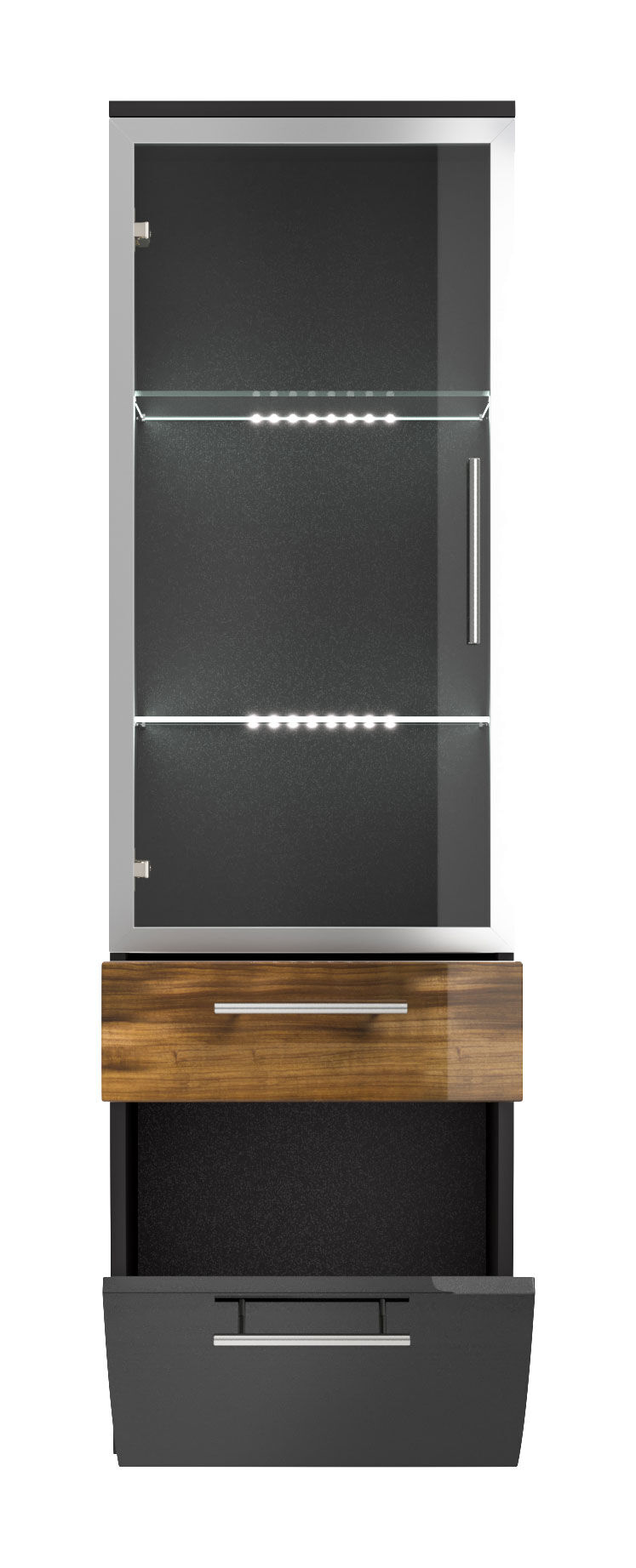 Hochschrank Salona 135 cm mit Glastür Walnuss hochglanz/Grafit hochglanz