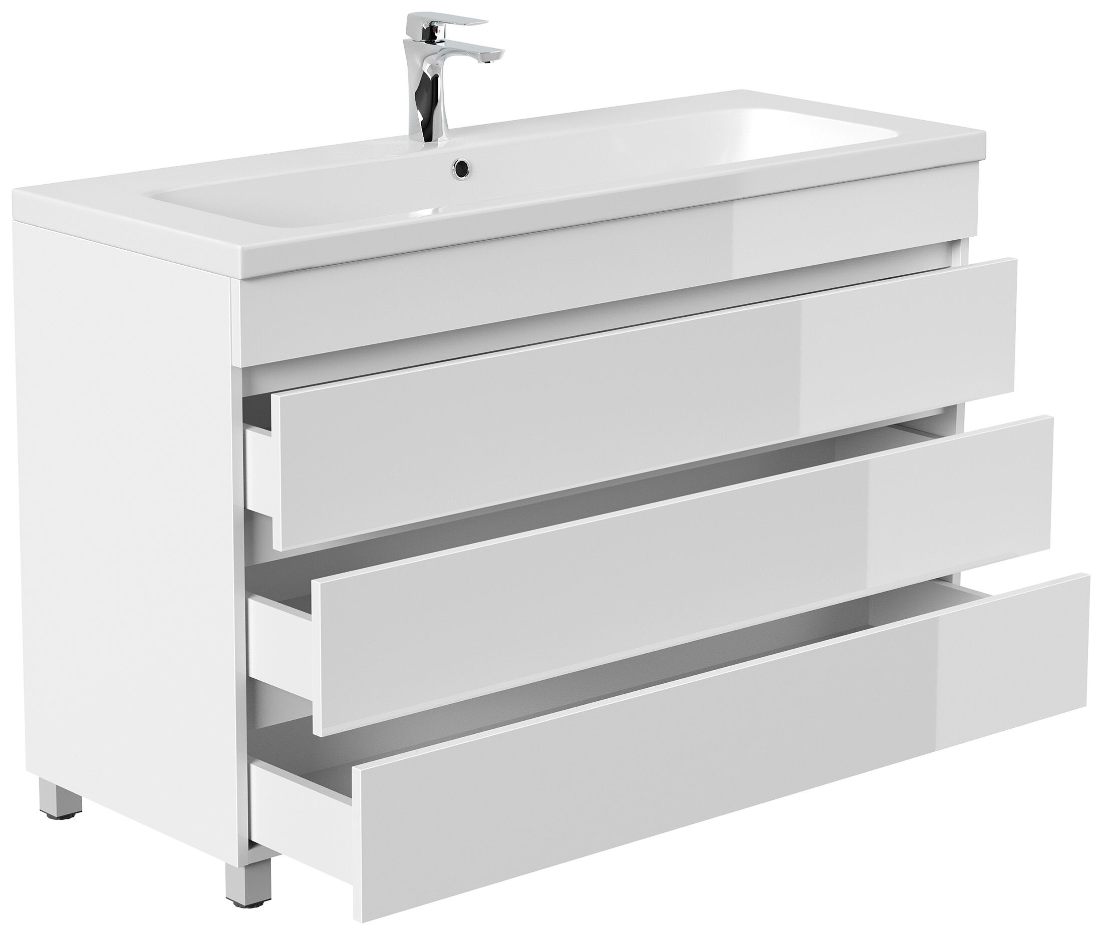 Stand Badmöbel Via 120 SoftClose weiss hochglanz mit 3 grifflosen Schubladen