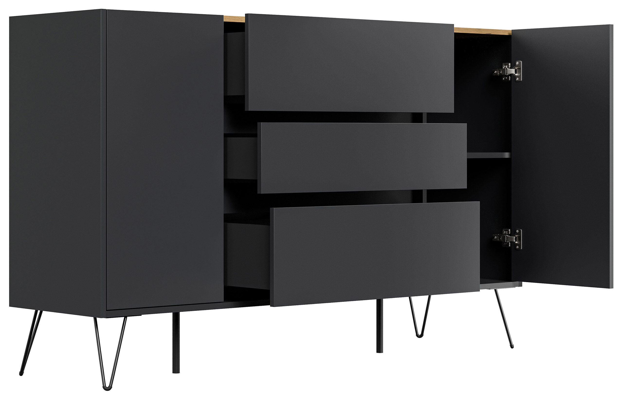 Sideboard Kommode Lovo 155cm Greifraum 3 SoftClose 2 Türen Weiß/Eiche Front