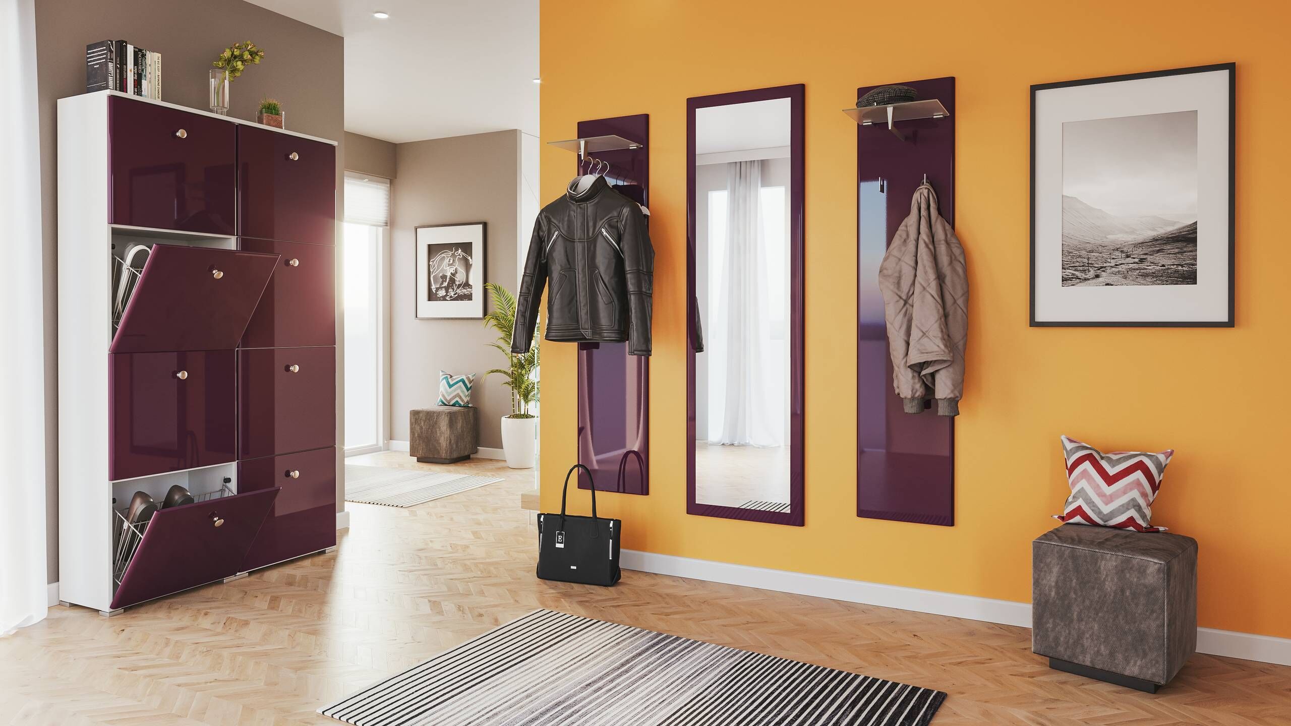 Garderobe Set 111 Ontario 4 tlg Schuhschrank 8 Klappen 32 Paar Weiss-Brombeer