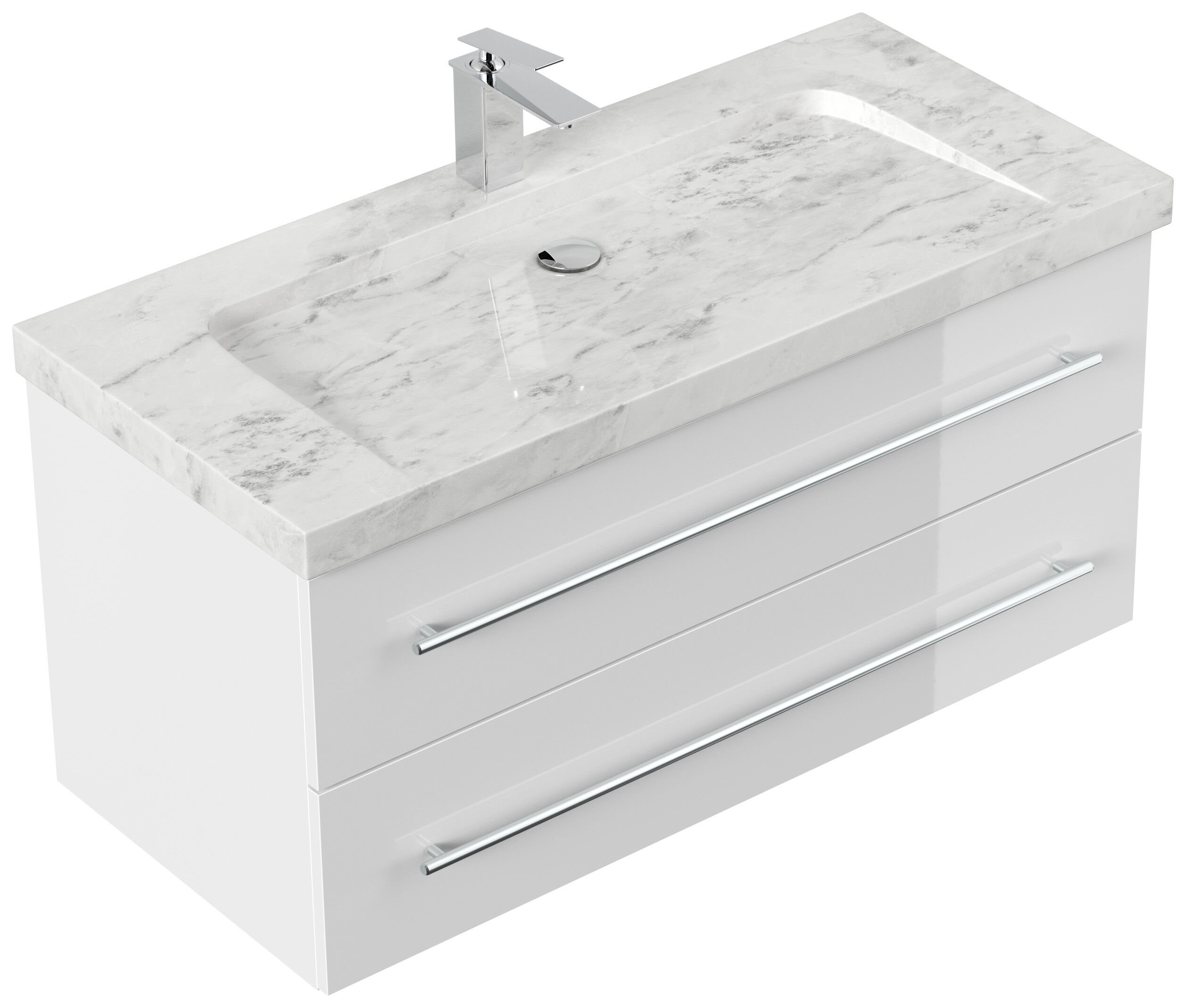 Badmöbel Marmor Carrara White Damo 100 cm 1 Hahnloch SoftClose weiß hochglanz