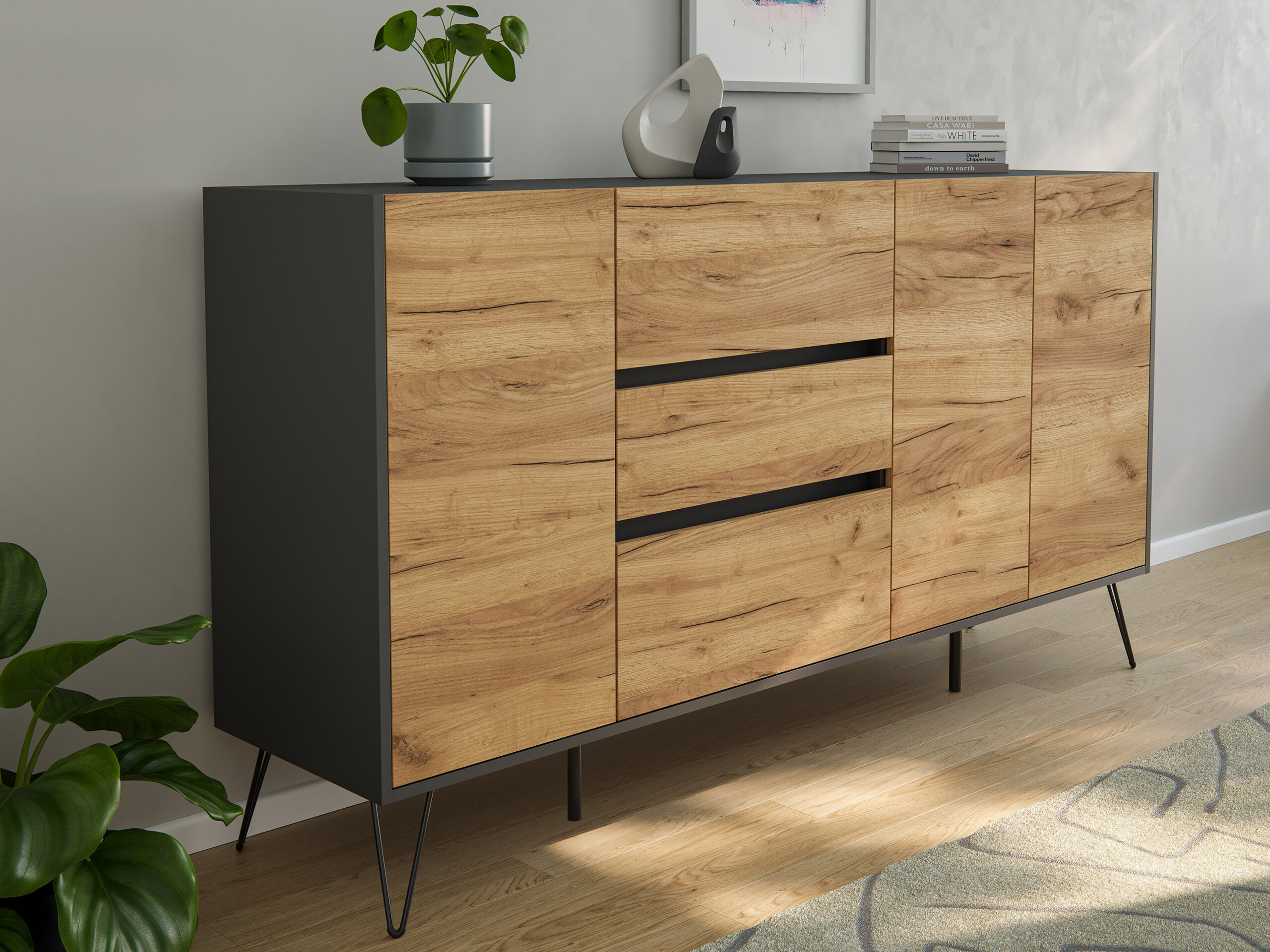 Sideboard Kommode Zuma 180cm Greifraum 3 SoftClose 3 Türen Grafit/Eiche Front