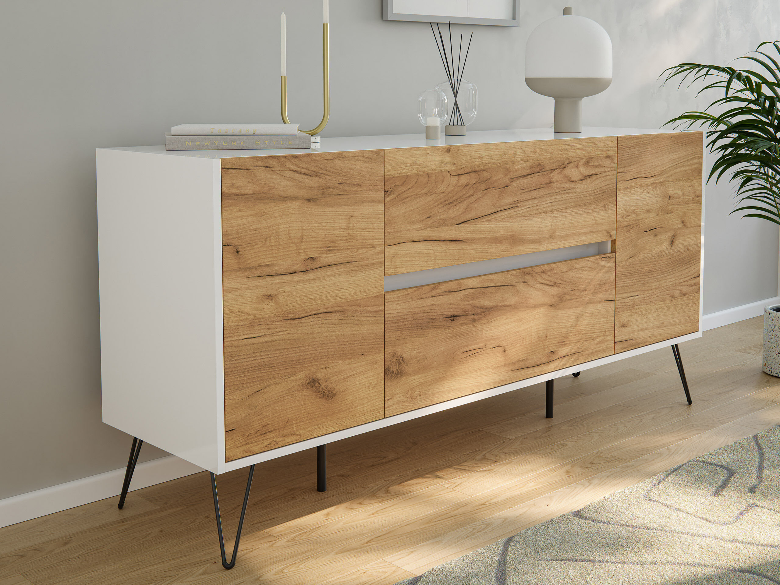 Sideboard Yako 155cm 2 SoftClose 2 Türen Weiß/Eiche Front | Eiche Gold / Weiss hochglanz