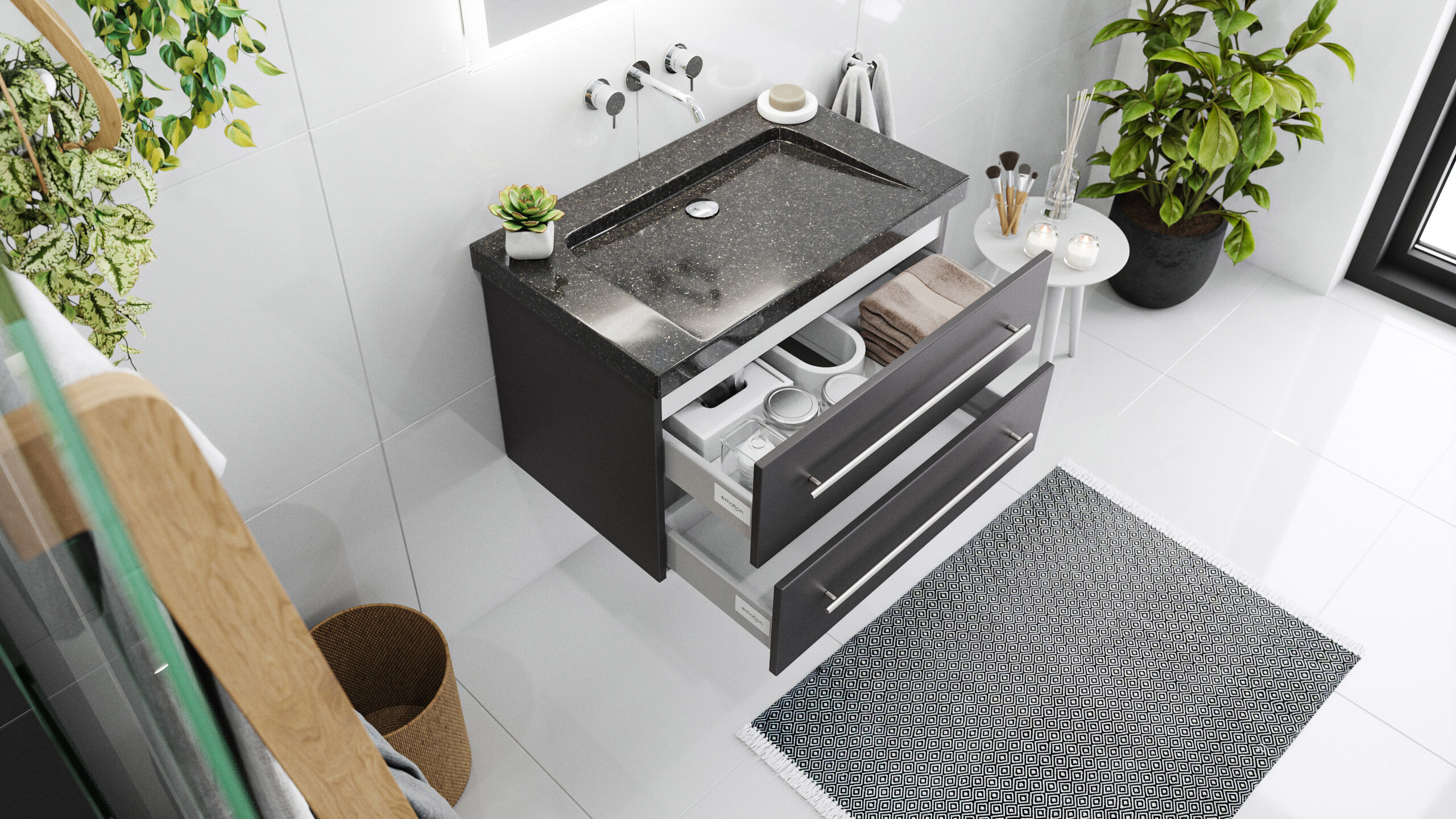 Badmöbel Granit Galaxy Black Damo 75 cm ohne Hahnloch anthrazit & Spiegel