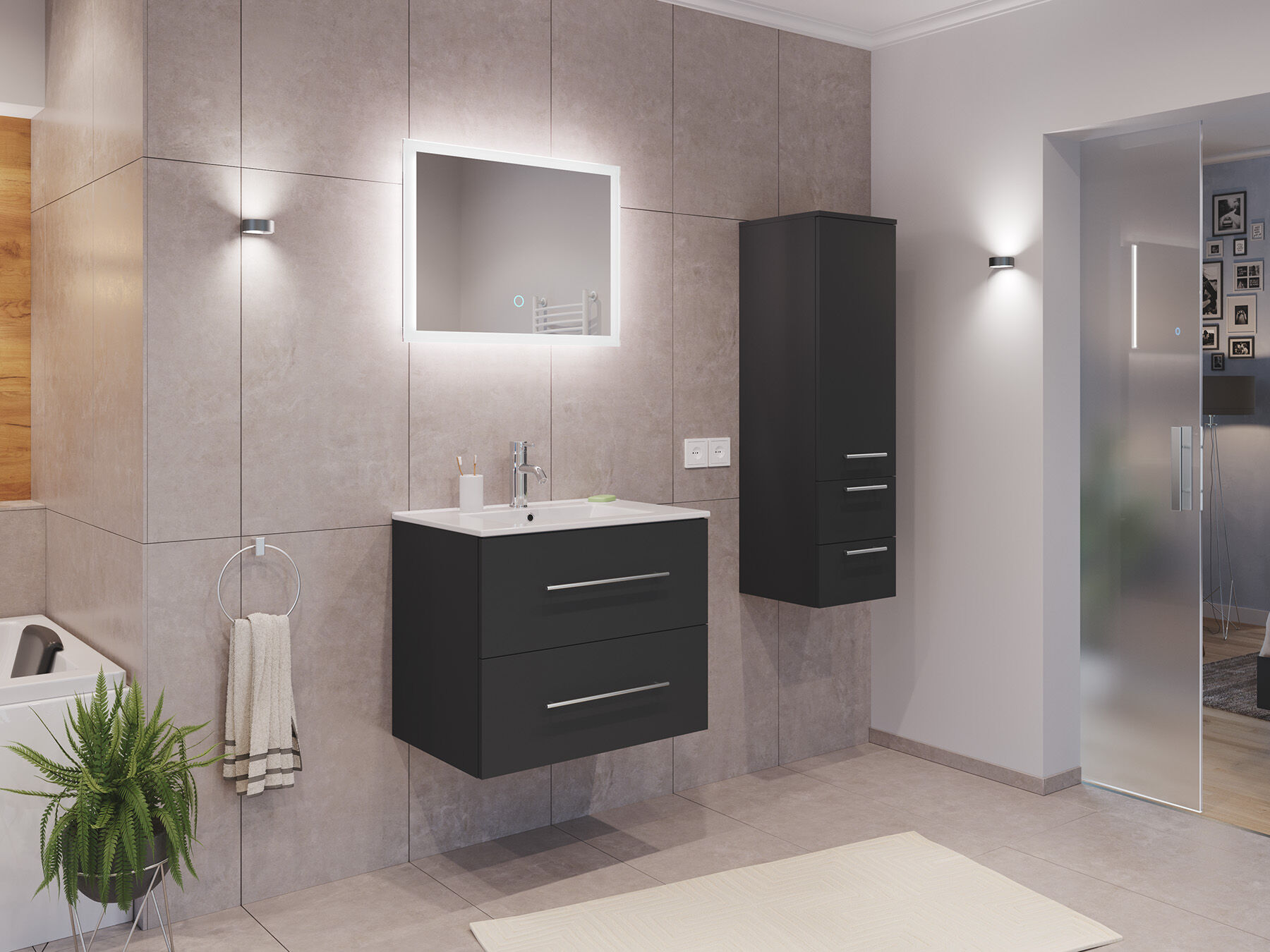 Badmöbel Set Firenze 70 3tlg. LED Spiegel und Seitenschrank grafit